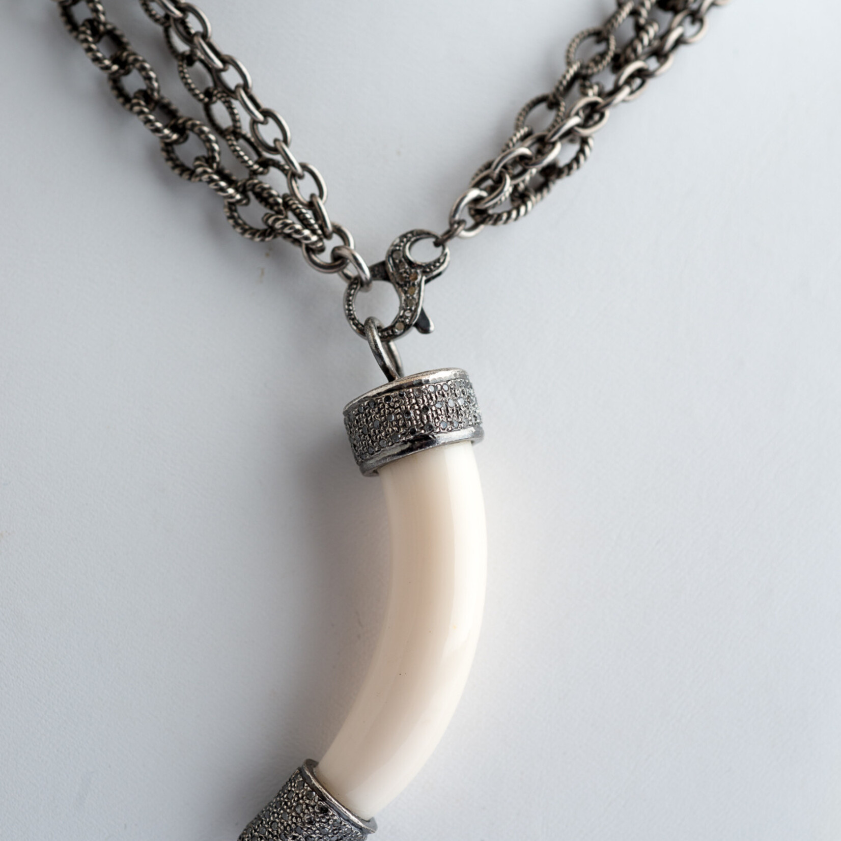 Mina Danielle Ivory Horn with Diamond Top on 3 Strand Sterling Silver Chain. Can be worn short or long.