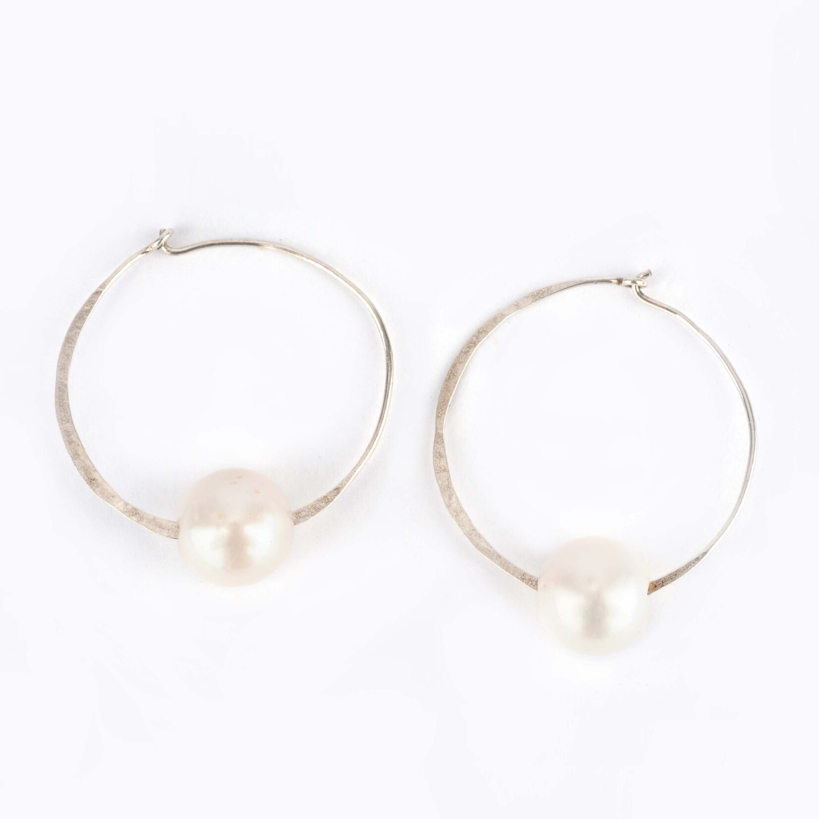 Mina Danielle Hammered Silver Hoops with Large Drilled White Fresh Water Pearl