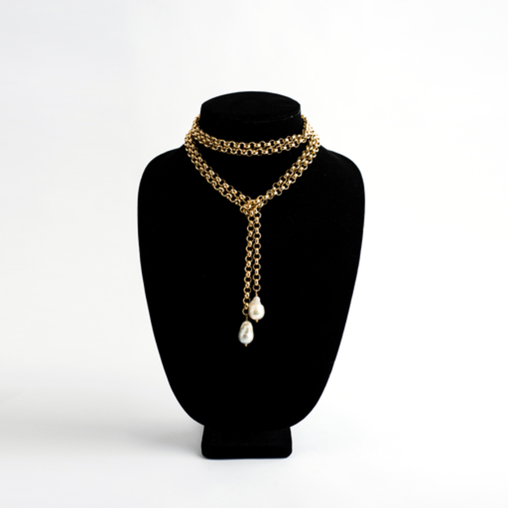 Mina Danielle Gold Rolo Chain Lariat with 2 hanging Baroque Pearls