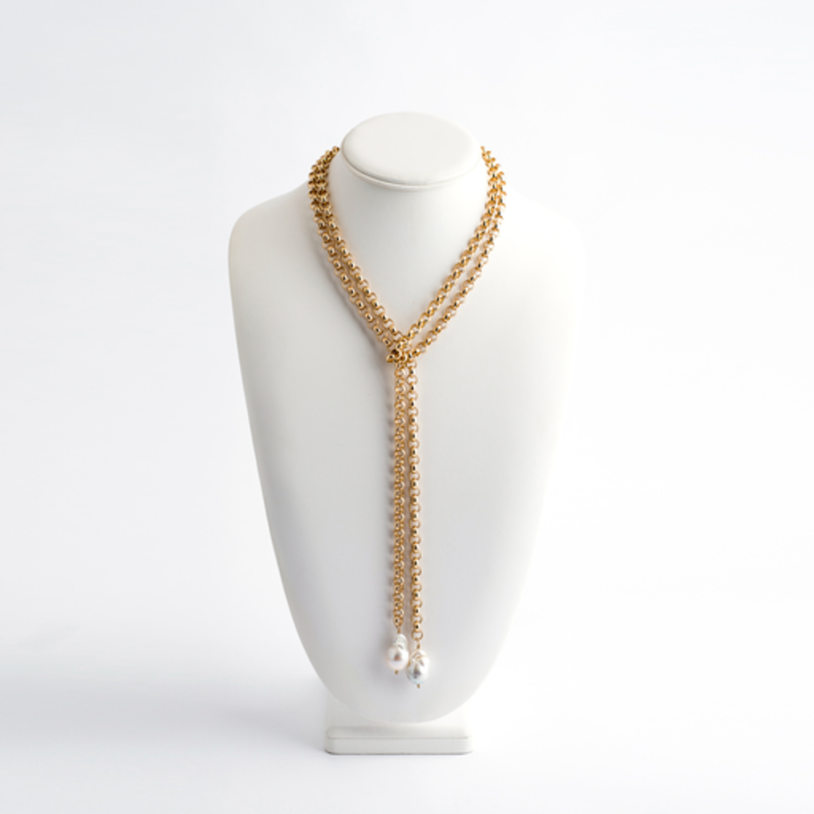 Mina Danielle Gold Rolo Chain Lariat with 2 hanging Baroque Pearls