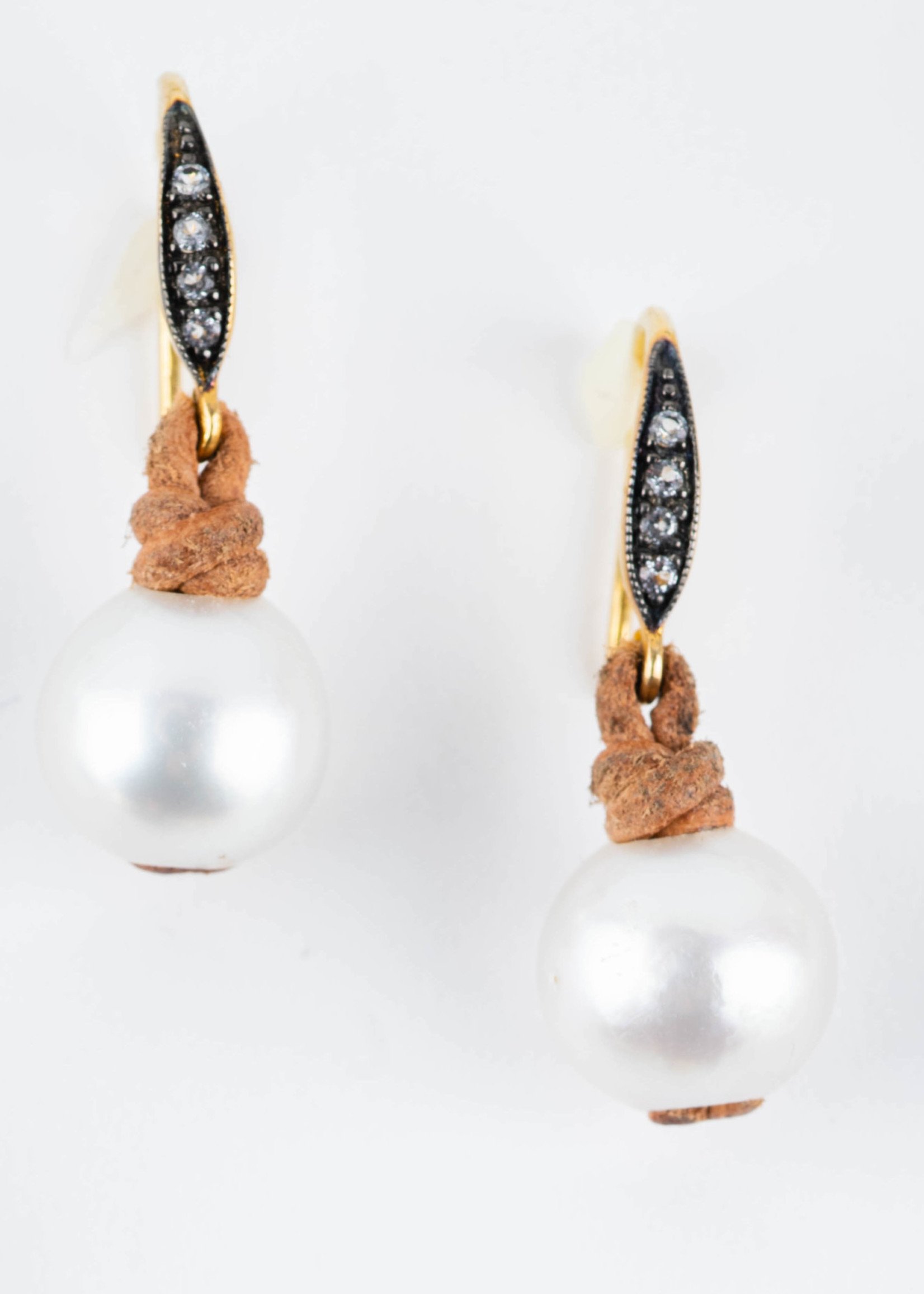 White South Sea Pearls with Leather & Diamond Ear Wires