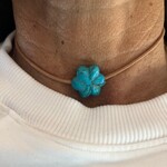 Mina Danielle Turquoise Flower Choker on Tan Leather. Pearl Button Closure