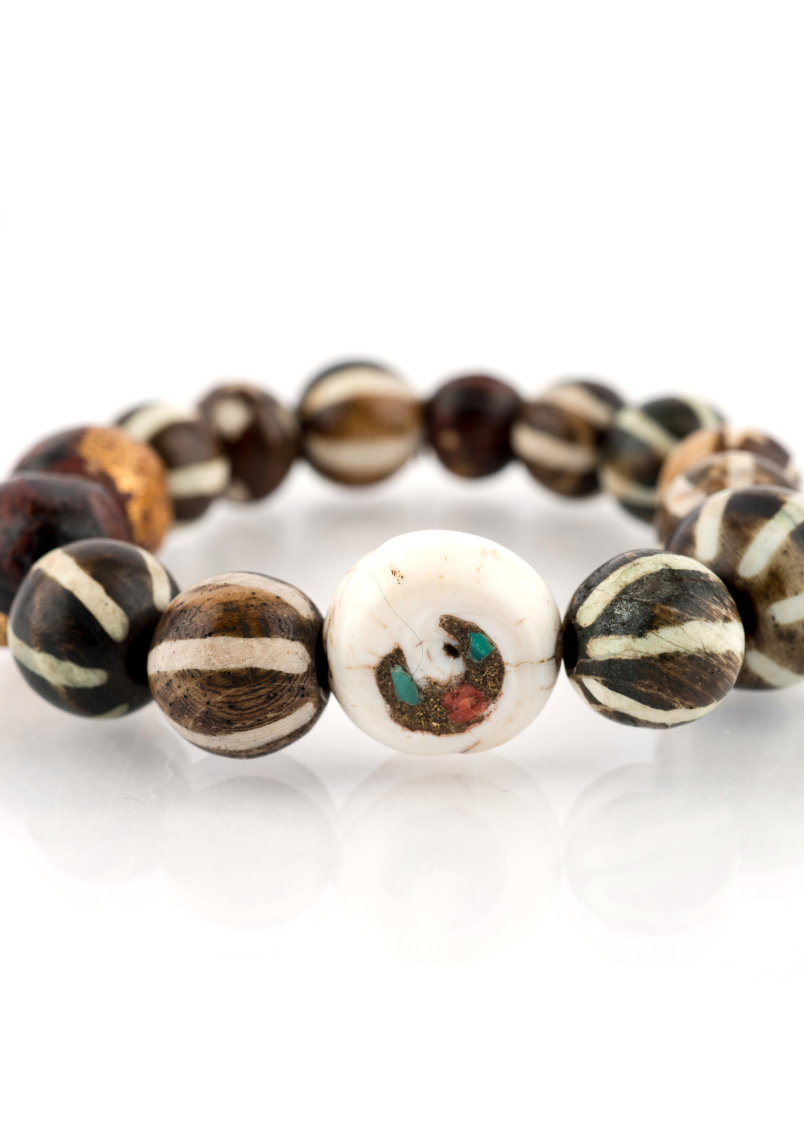 Mina Danielle Brown & White Striped Bone Beads with Buddha Beads, White Coral and Turquoise Inlaid Bead