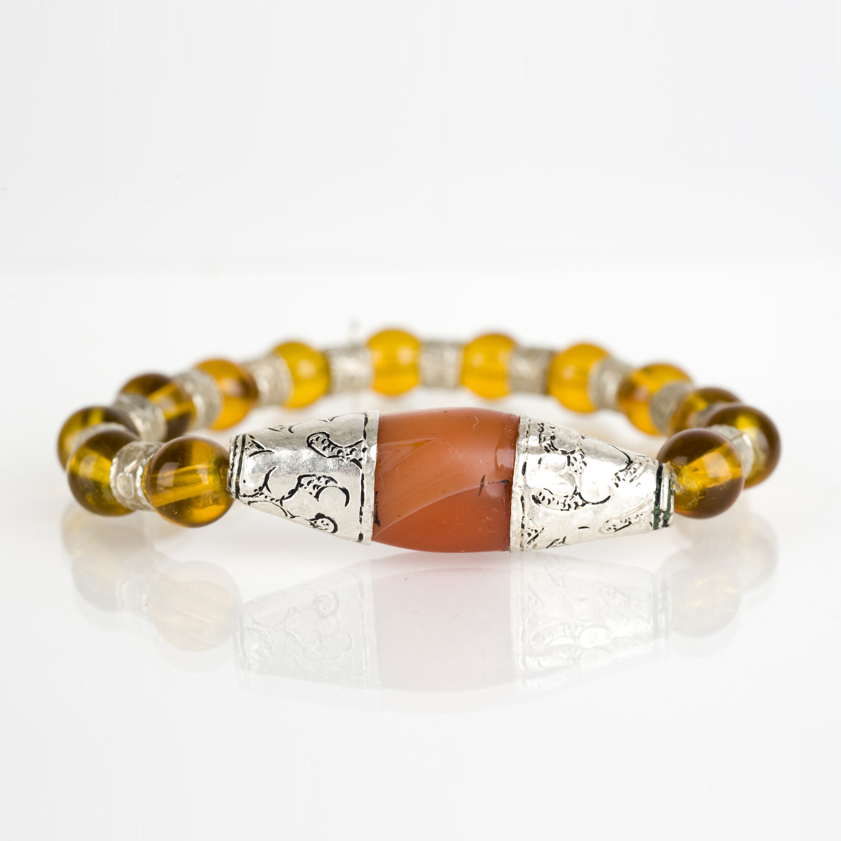 Mina Danielle Tibetan Amber with Oblong Silver and Amber Inlaid Bead