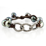 Mina Danielle Tahitian Pearls and Diamond Links on Brown Leather Cord