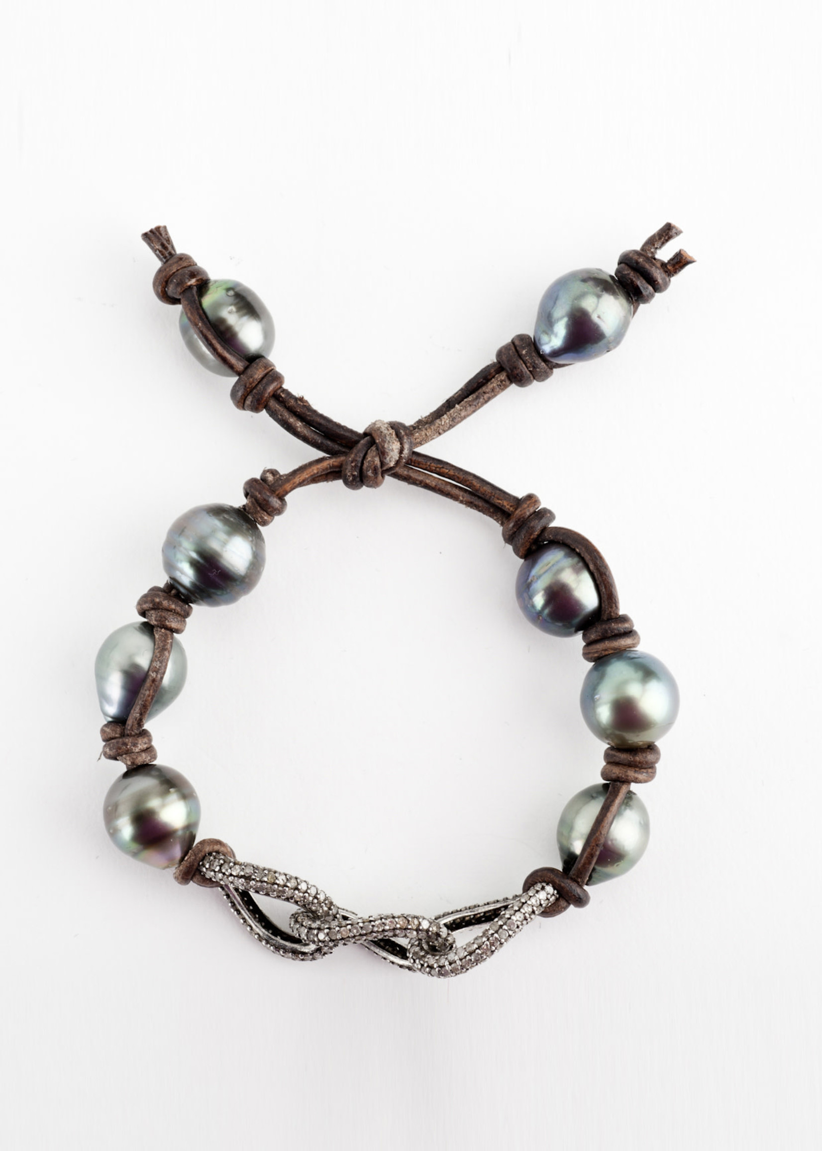 Mina Danielle Tahitian Pearls and Diamond Links on Brown Leather Cord