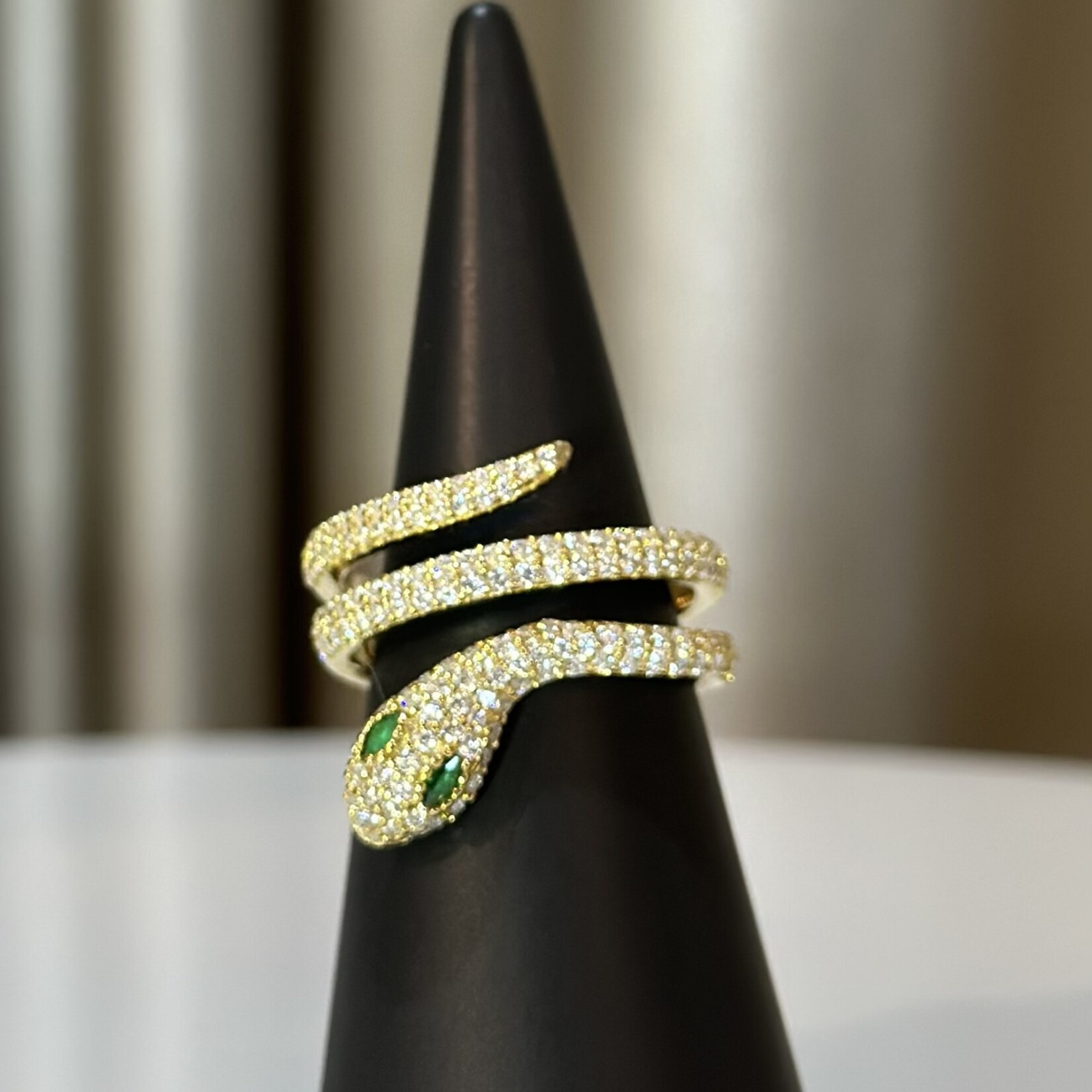 Gold Pave Snake Ring with Emerald Eyes