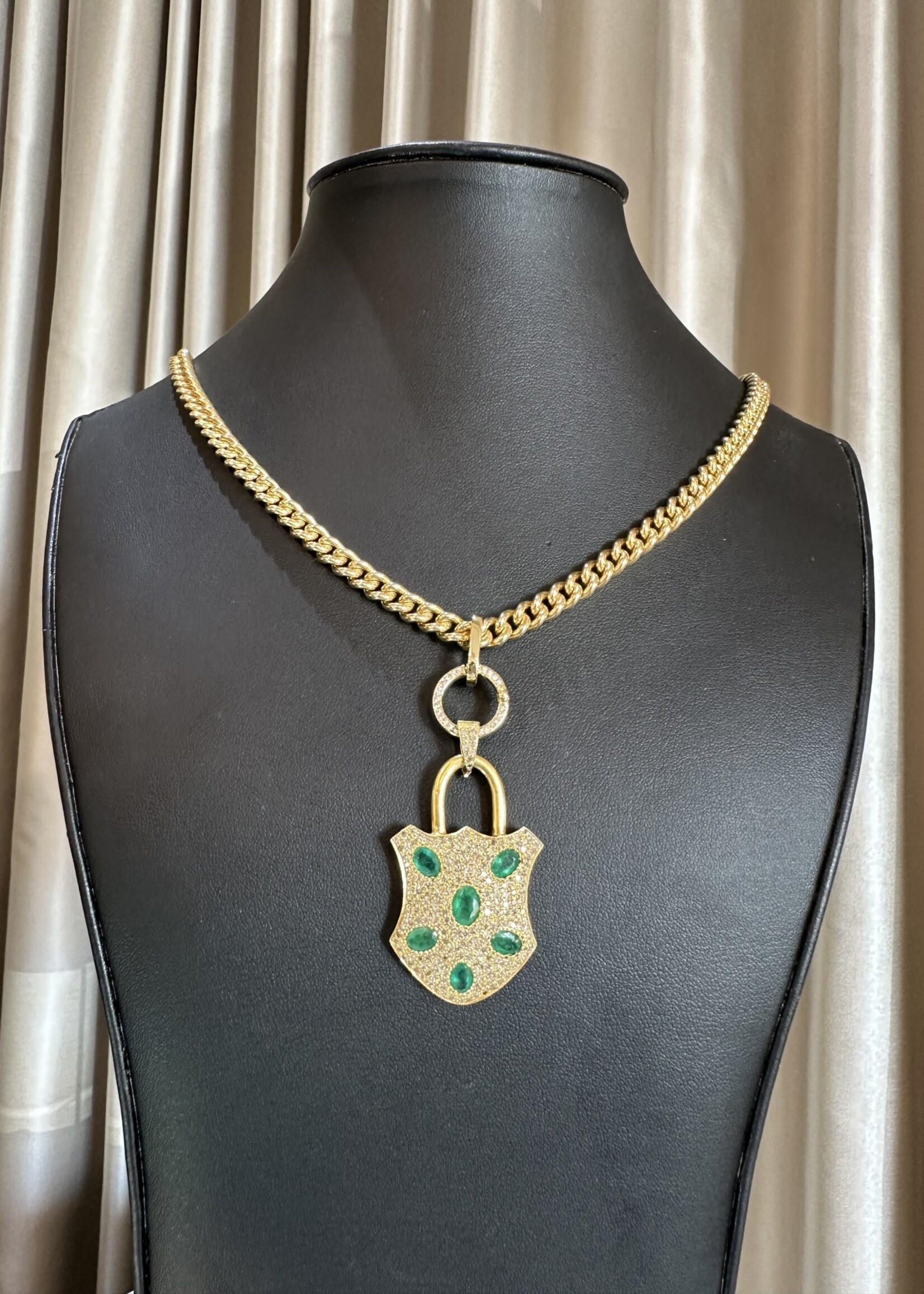 Mina Danielle Gold Curb Chain with Gold Pave Diamond and Emerald Padlock