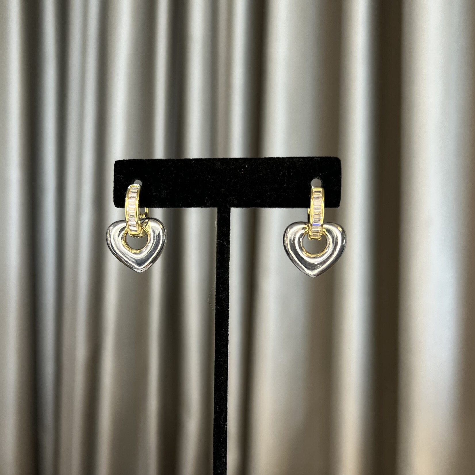 Mina Danielle Baguette Huggie Earrings with Silver and Gold Open Puffy Heart