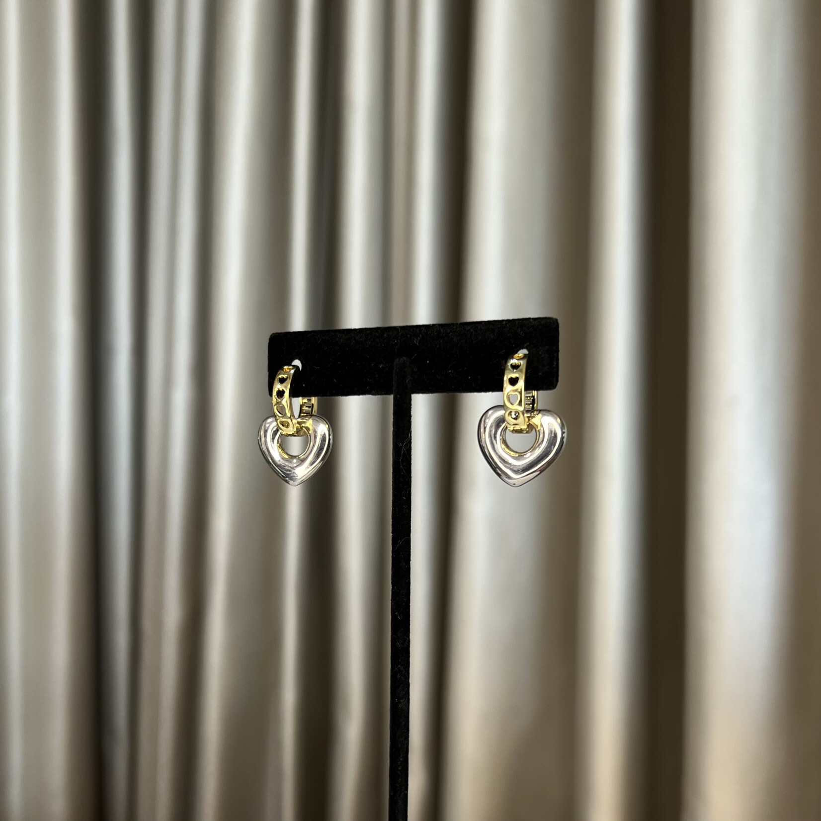Mina Danielle Baguette Huggie Earrings with Silver and Gold Open Puffy Heart