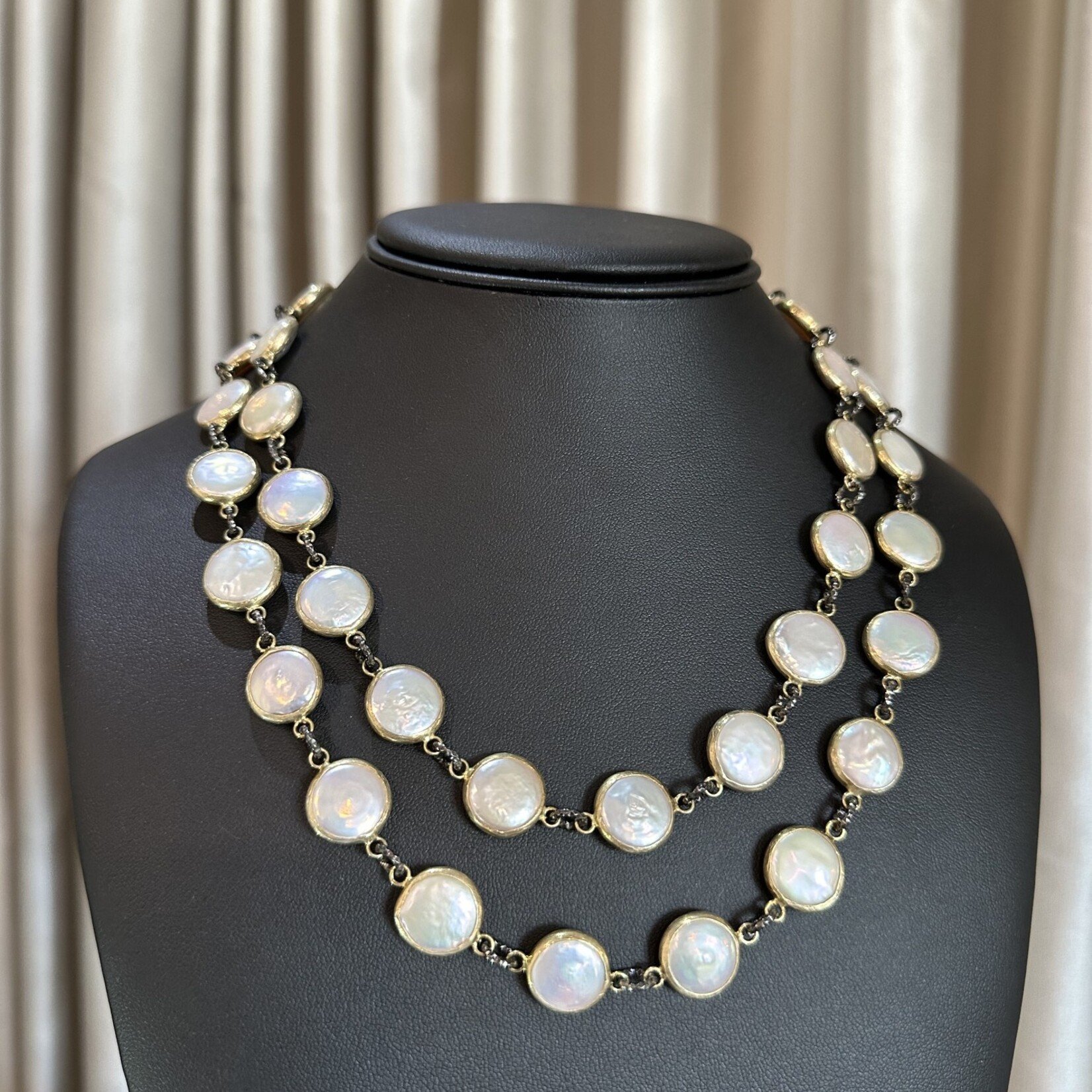 Gold Coin Pearls on Gold chain. Can be worn long or doubled. - Mina  Danielle Jewelry