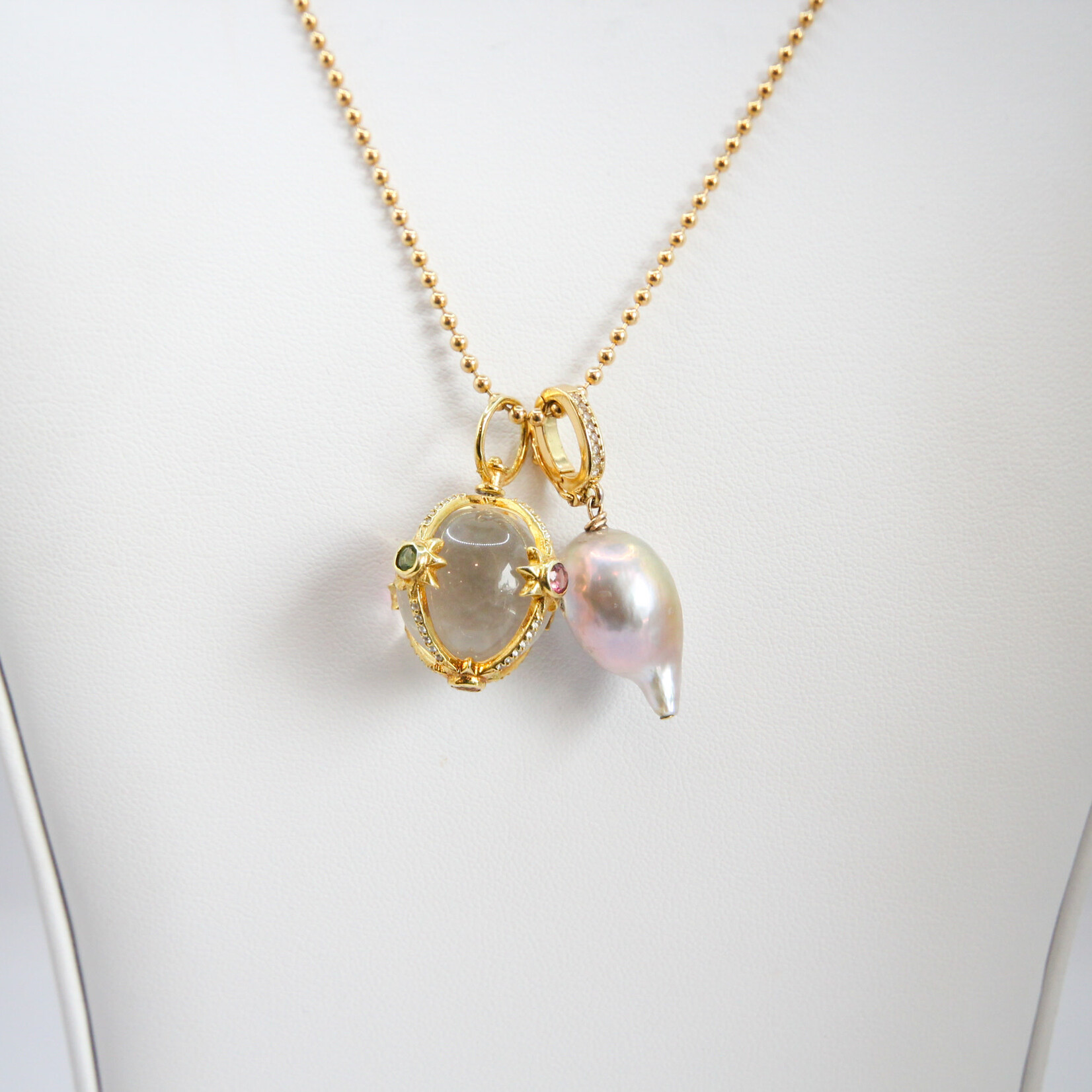 Pave Diamond Clear Globe with Gemstones & Pink Baroque Pearl on Gold Ball Chain Necklace