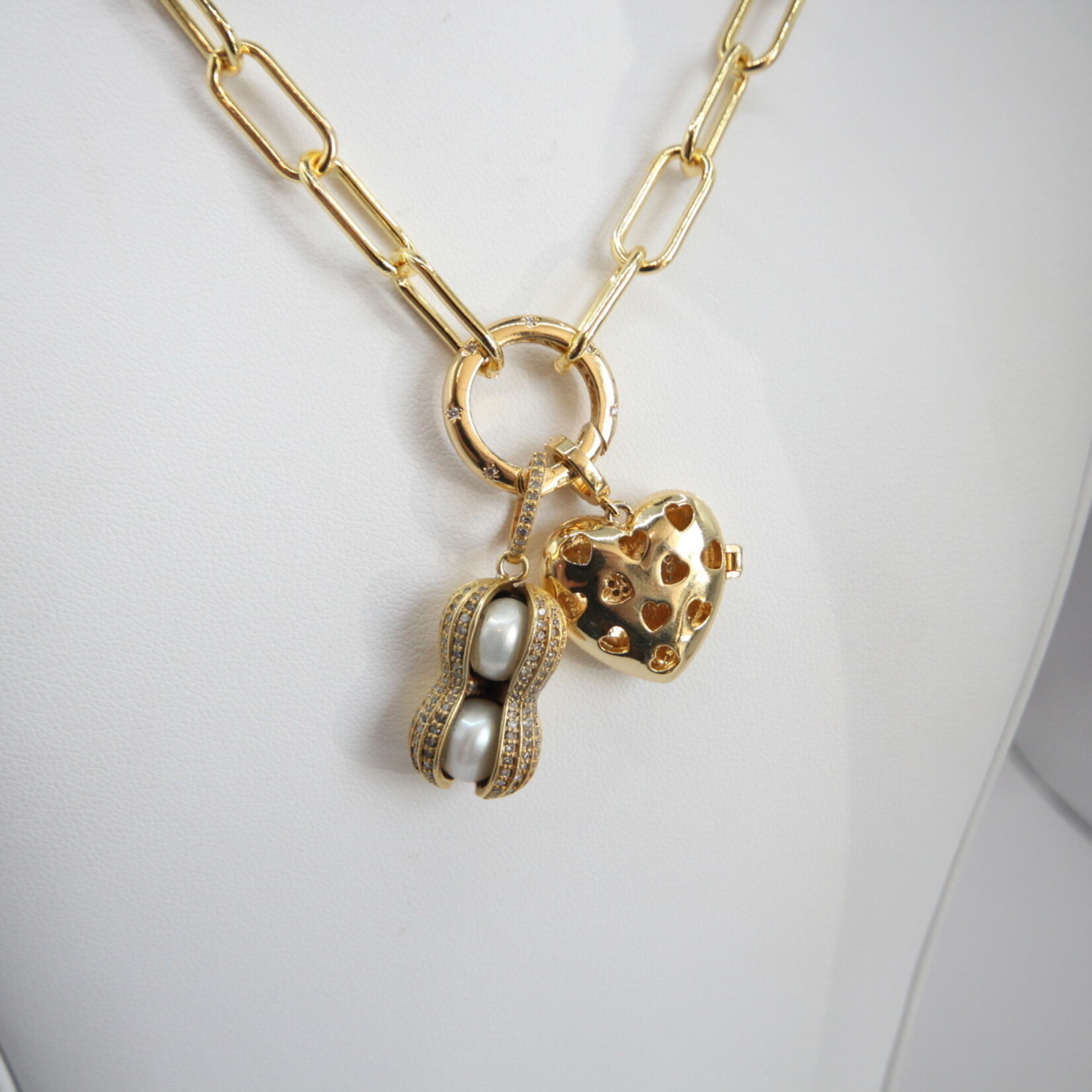 Diamond Peanut and Puffy Heart Gold Link Chain