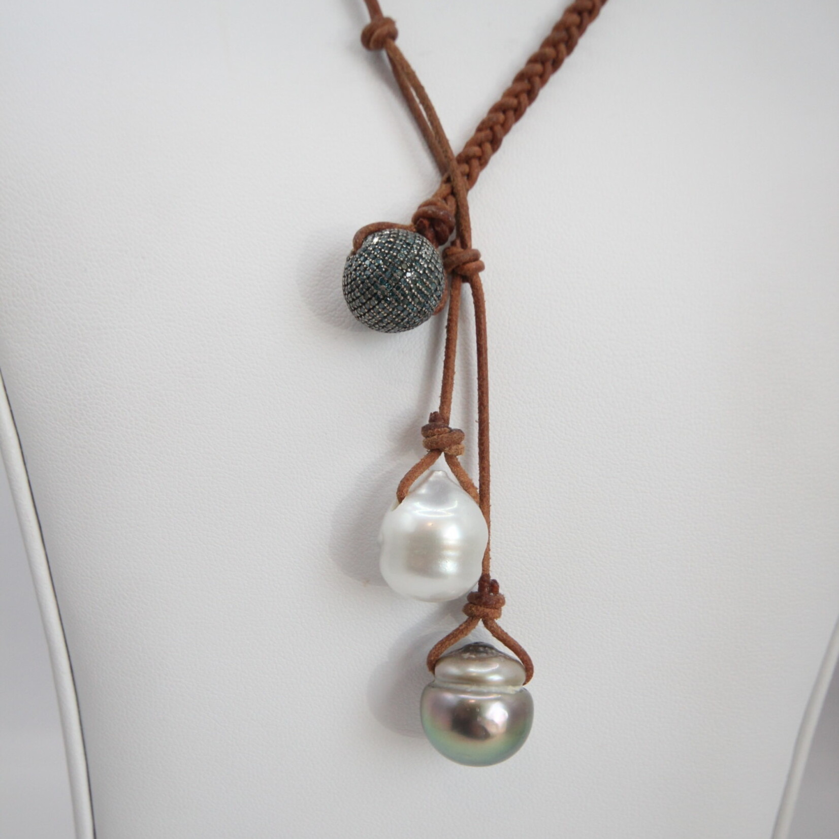 Blue Pave Diamond Ball with South Sea and Tahitian Pearls on Half Braided Natural Leather Cord