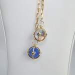 Gold Small Paper Clip Chain with Pave Diamond Mystic & Blue Tanzanite Globe with Gemstones