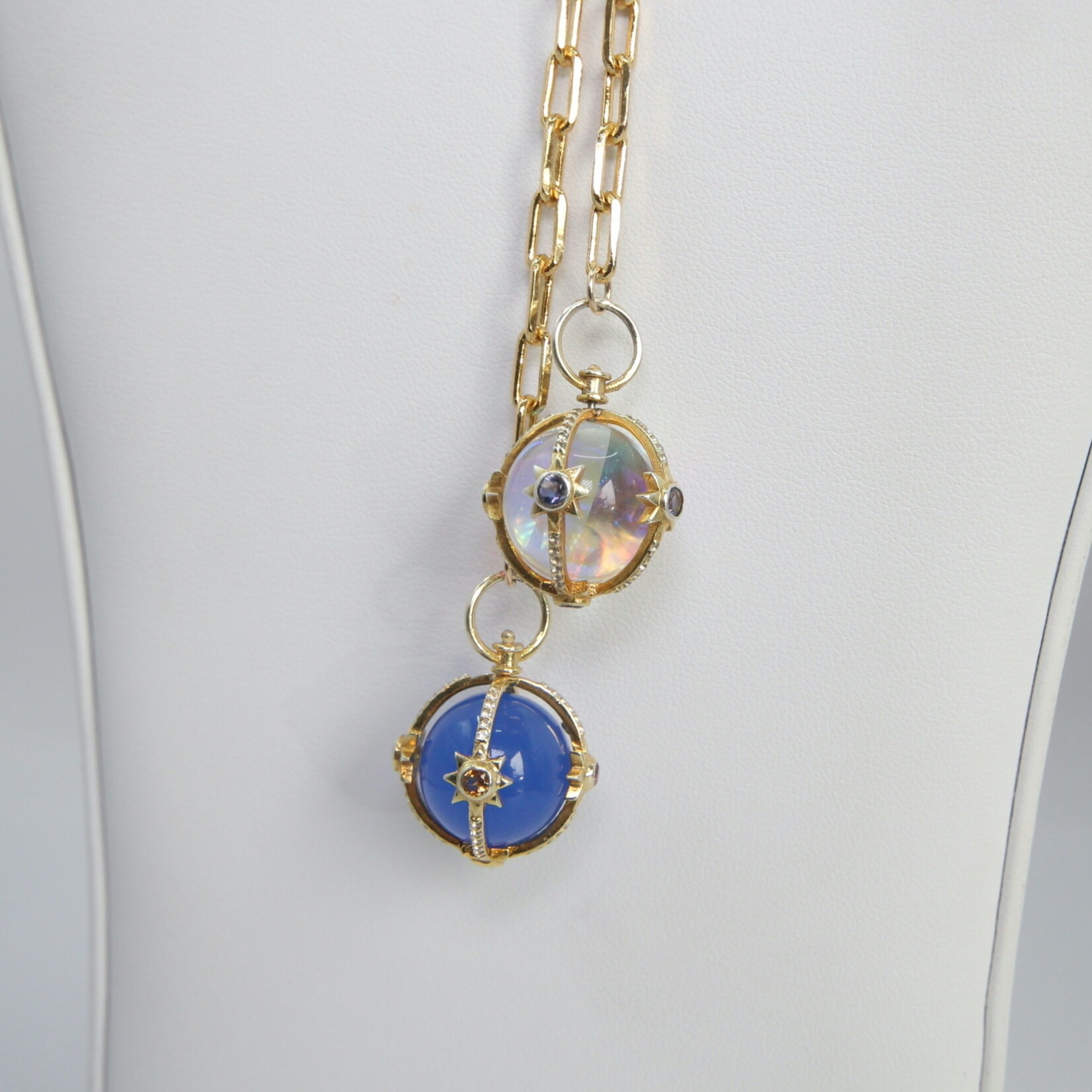 Gold Small Paper Clip Chain with Pave Diamond Mystic & Blue Tanzanite Globe with Gemstones