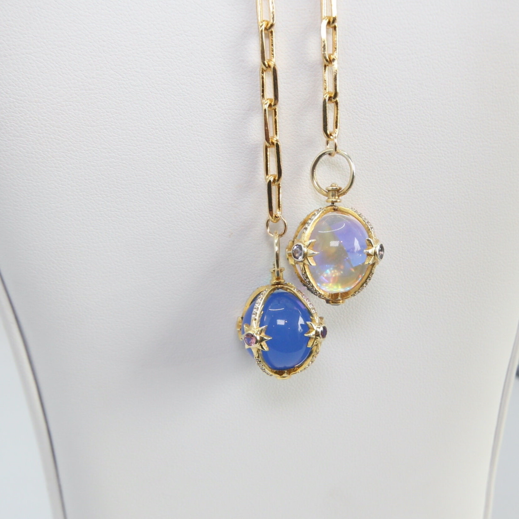 Gold Small Paper Clip Chain with Pave Diamond Mystic & Blue Tanzanite Globe with Gemstones