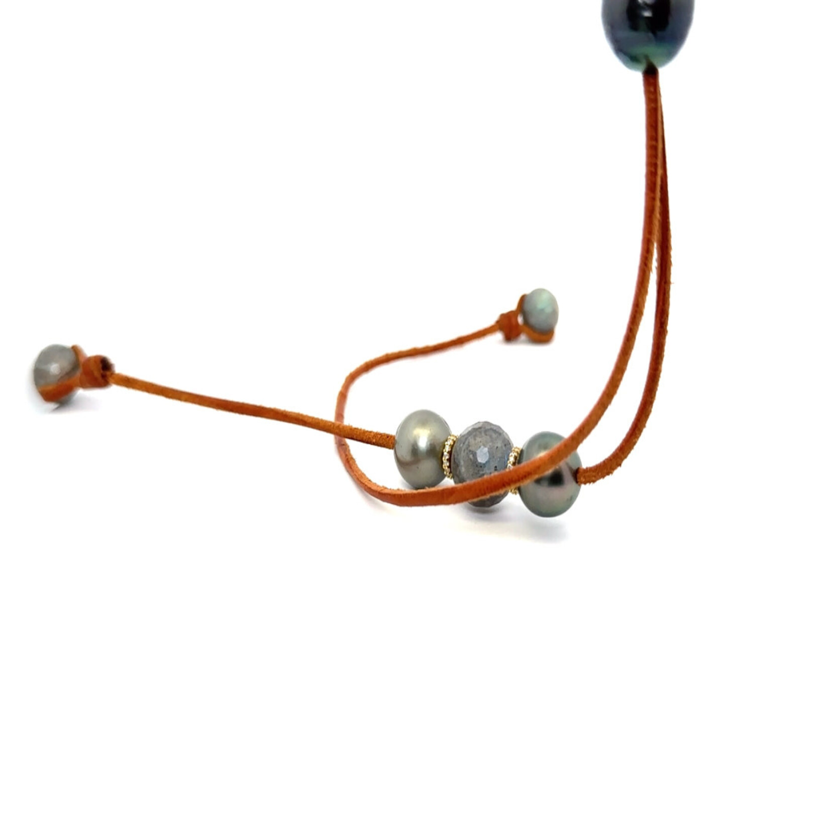Tahitian Pearls on Natural Leather with Faceted Labradorite and Diamond Roundels