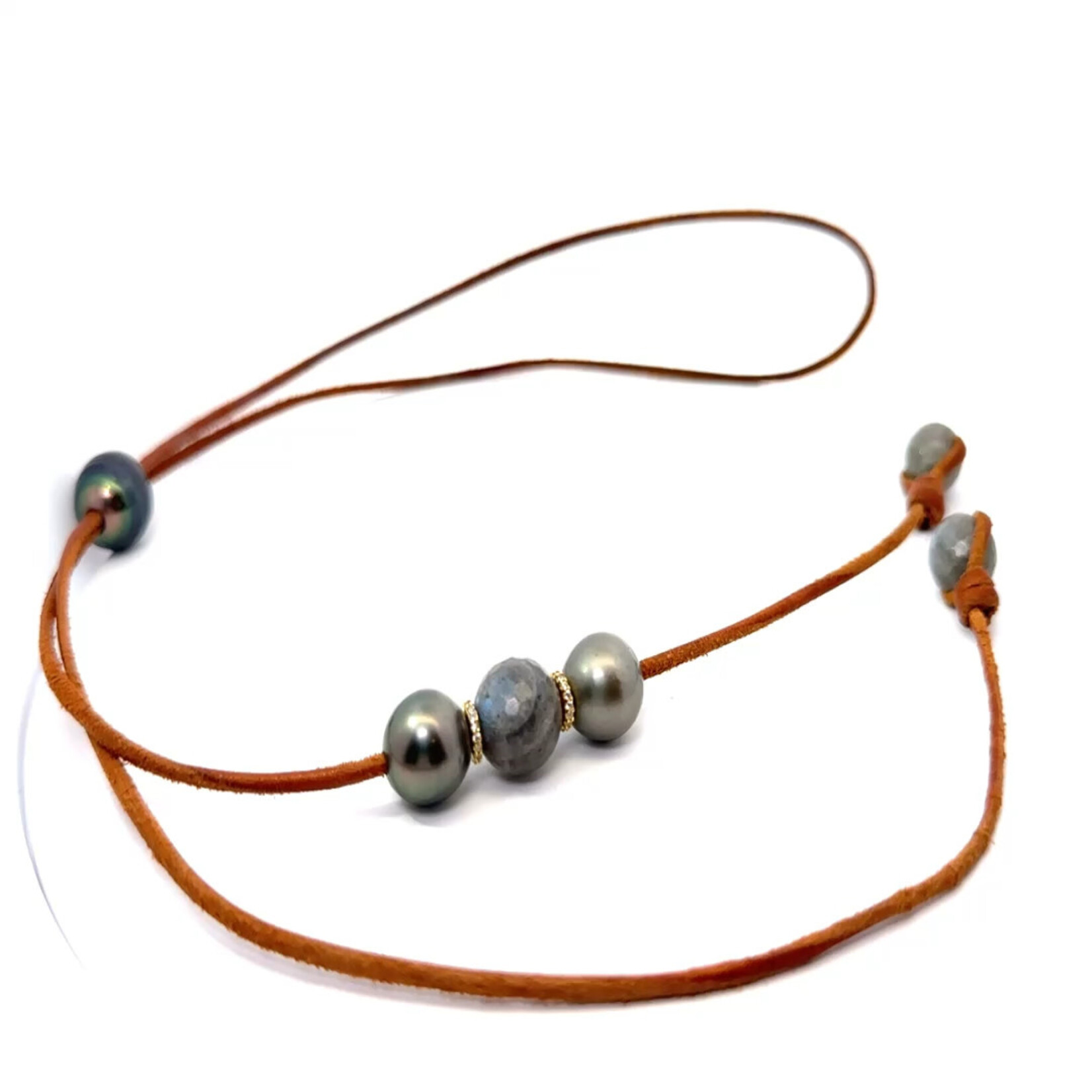Tahitian Pearls on Natural Leather with Faceted Labradorite and Diamond Roundels