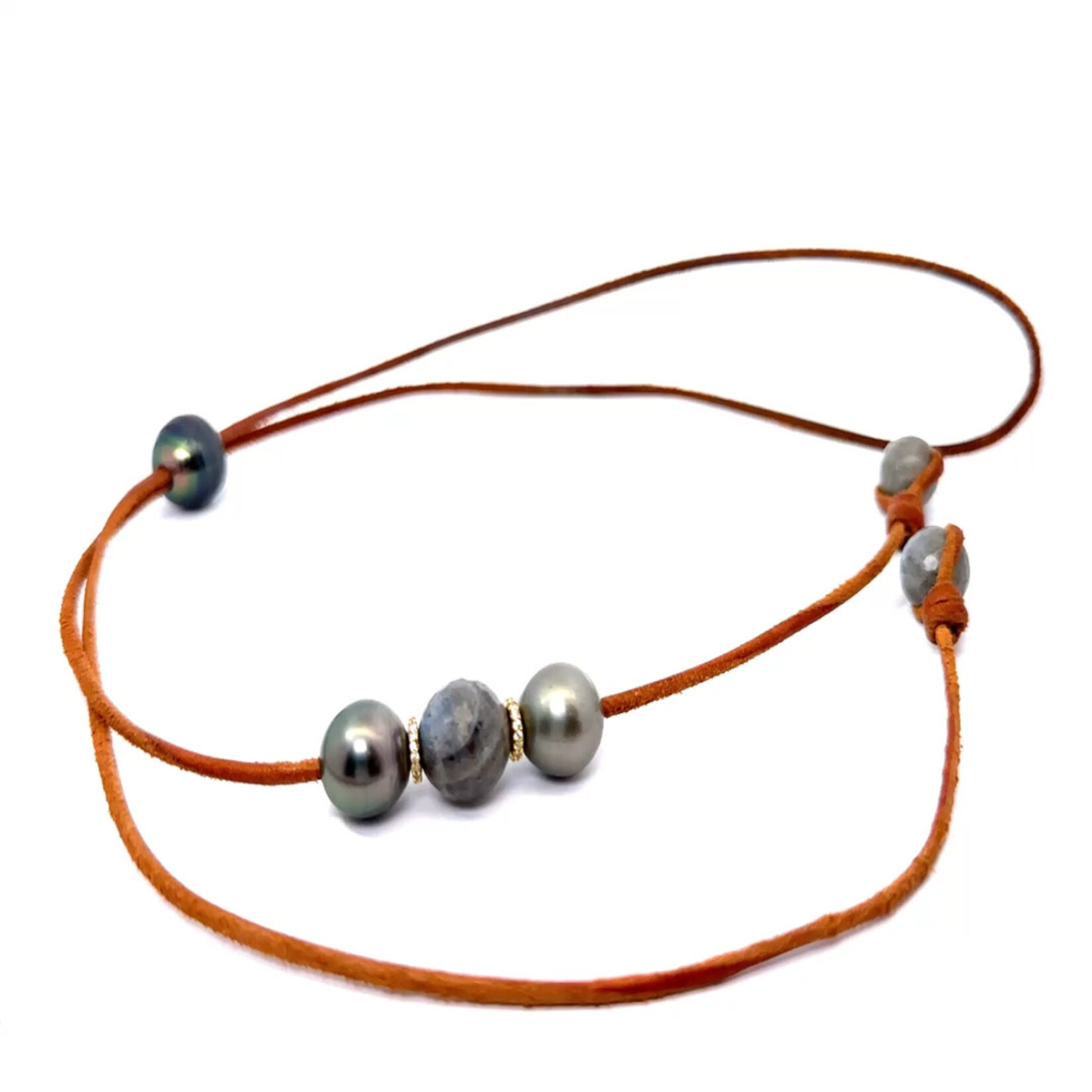 Tahitian Pearls on Natural Leather with Faceted Labradorite and Diamond Roundels
