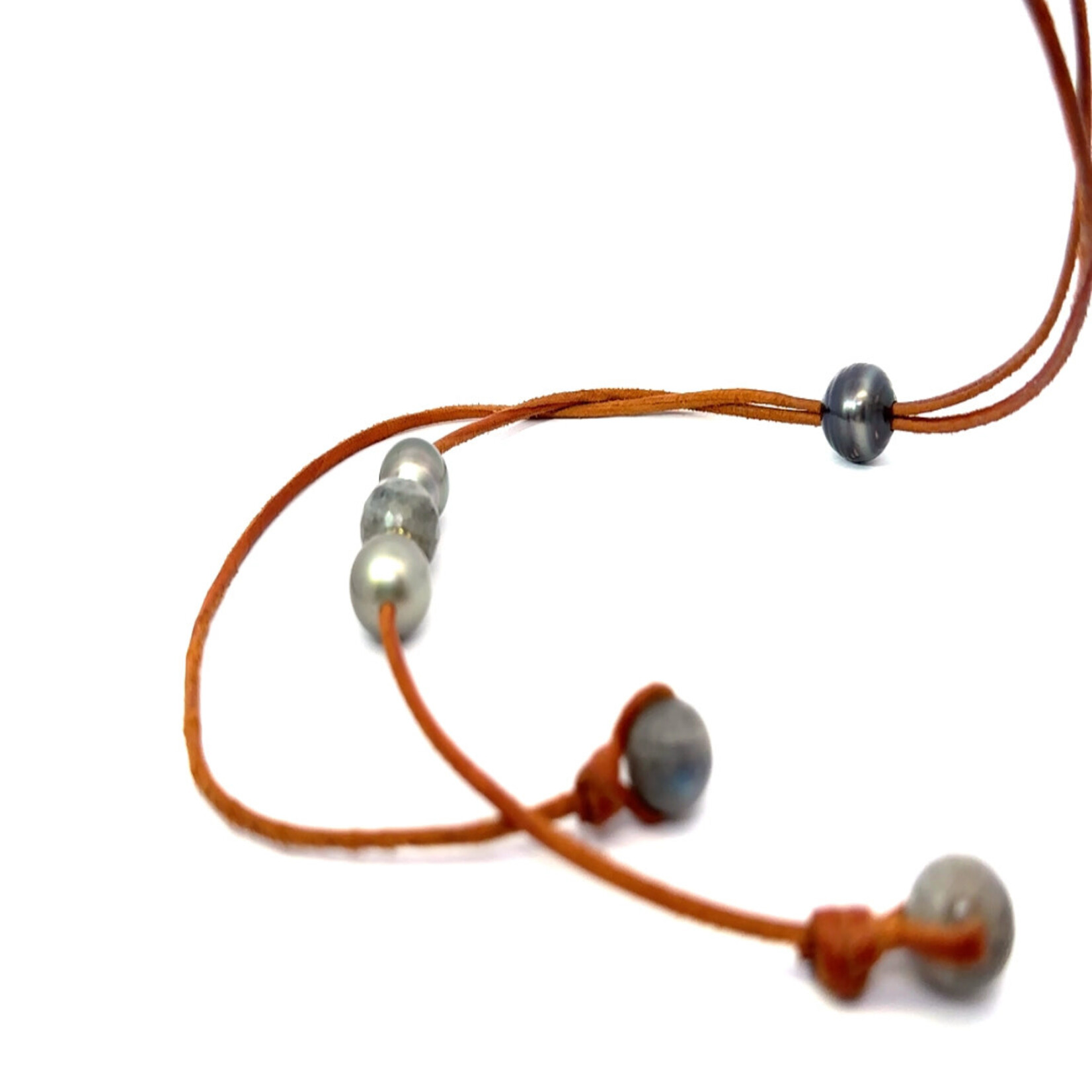 Tahitian Pearls on Natural Leather with Faceted Labradorite and Diamond Roundels