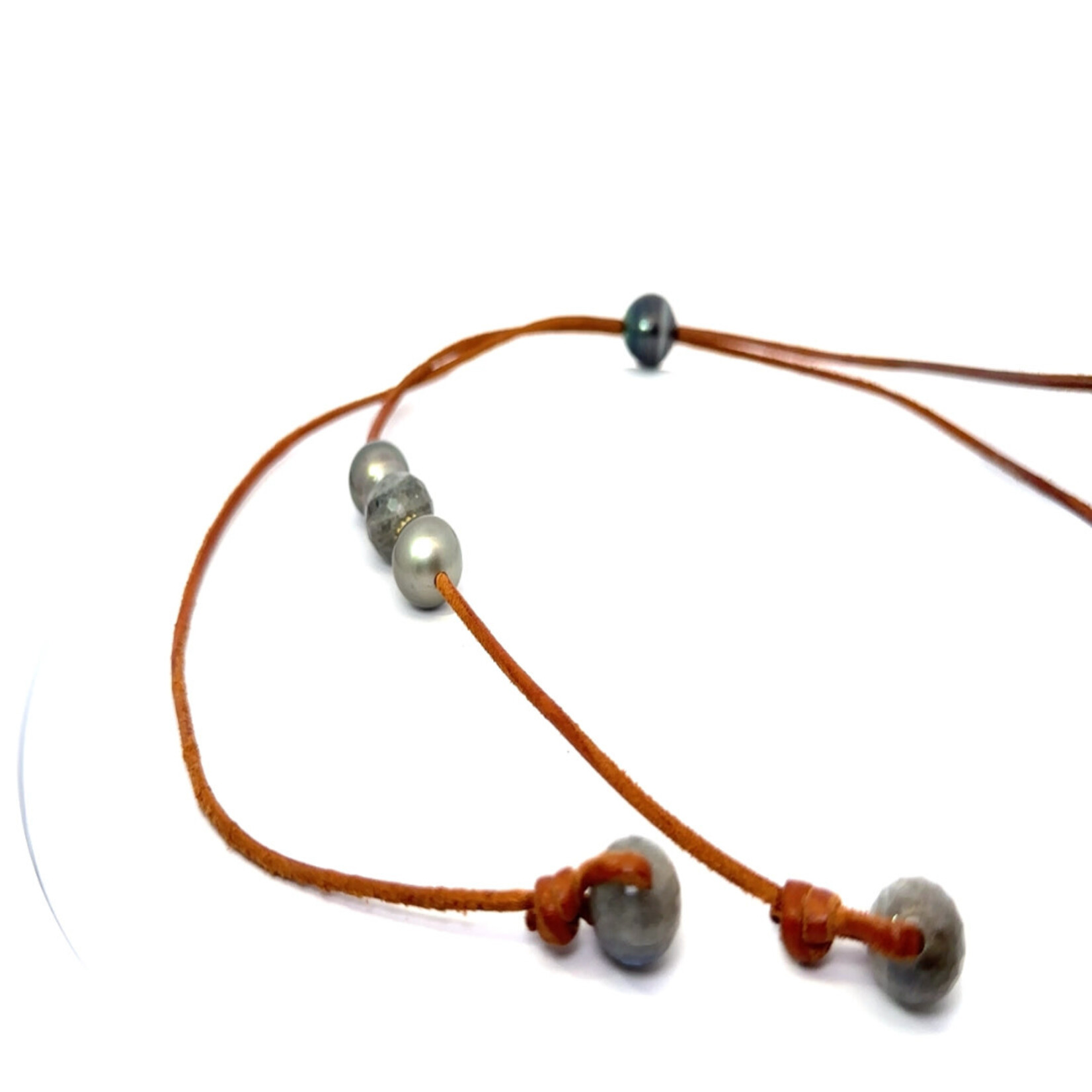 Tahitian Pearls on Natural Leather with Faceted Labradorite and Diamond Roundels