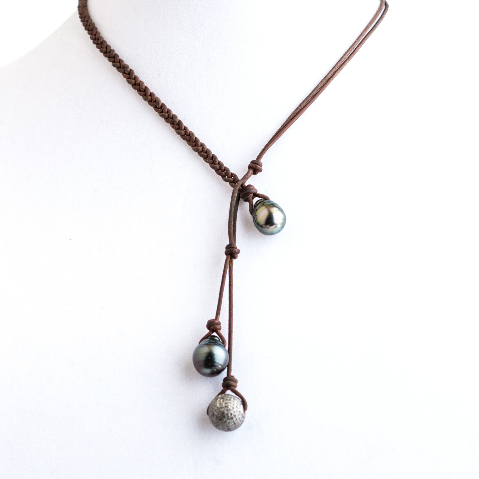 Mina Danielle Half Braided Leather with 2 Tahitian Pearls and Pave Diamond Ball
