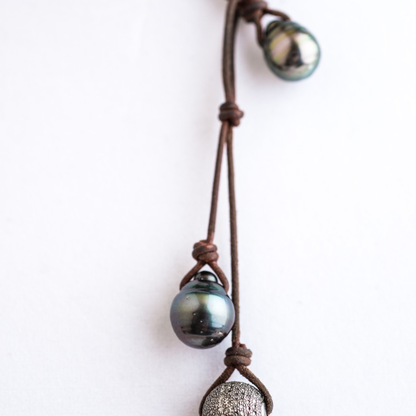 Mina Danielle Half Braided Leather with 2 Tahitian Pearls and Pave Diamond Ball