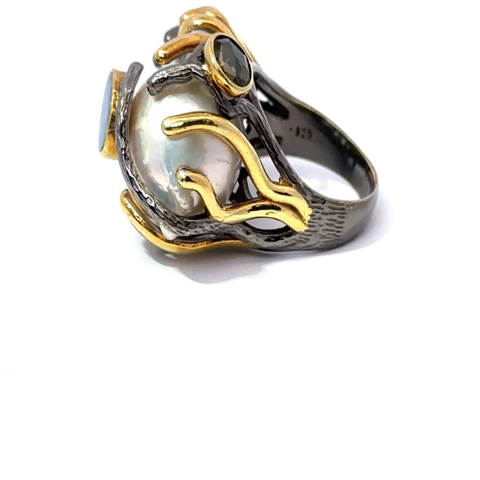 Mina Danielle Two Tone Silver and Gold Baroque Pearl Ring with Gemstones