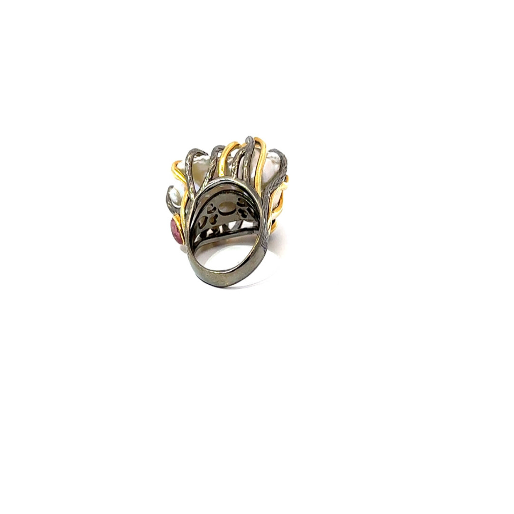 Mina Danielle Two Tone Silver and Gold Baroque Pearl Ring with Gemstones