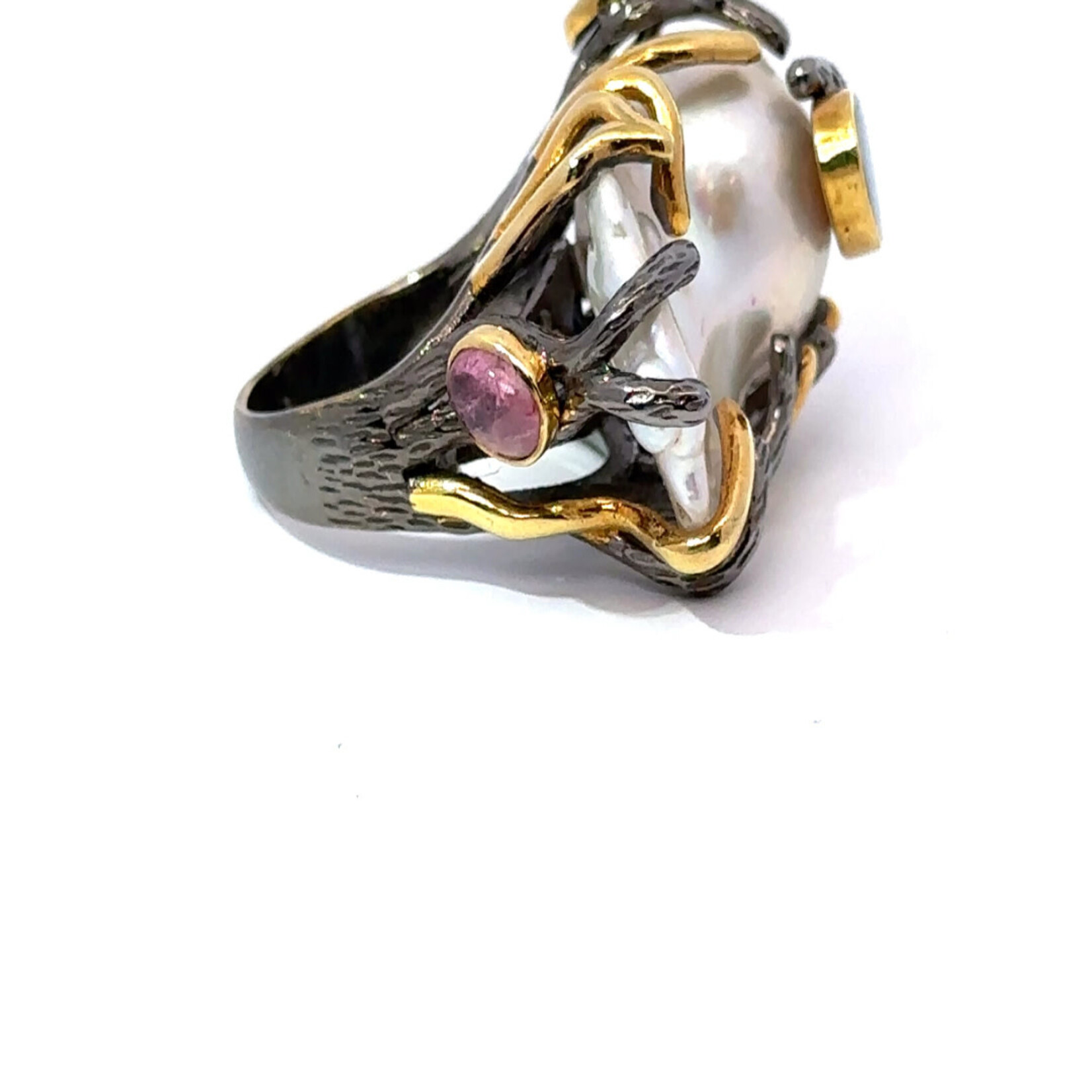 Mina Danielle Two Tone Silver and Gold Baroque Pearl Ring with Gemstones
