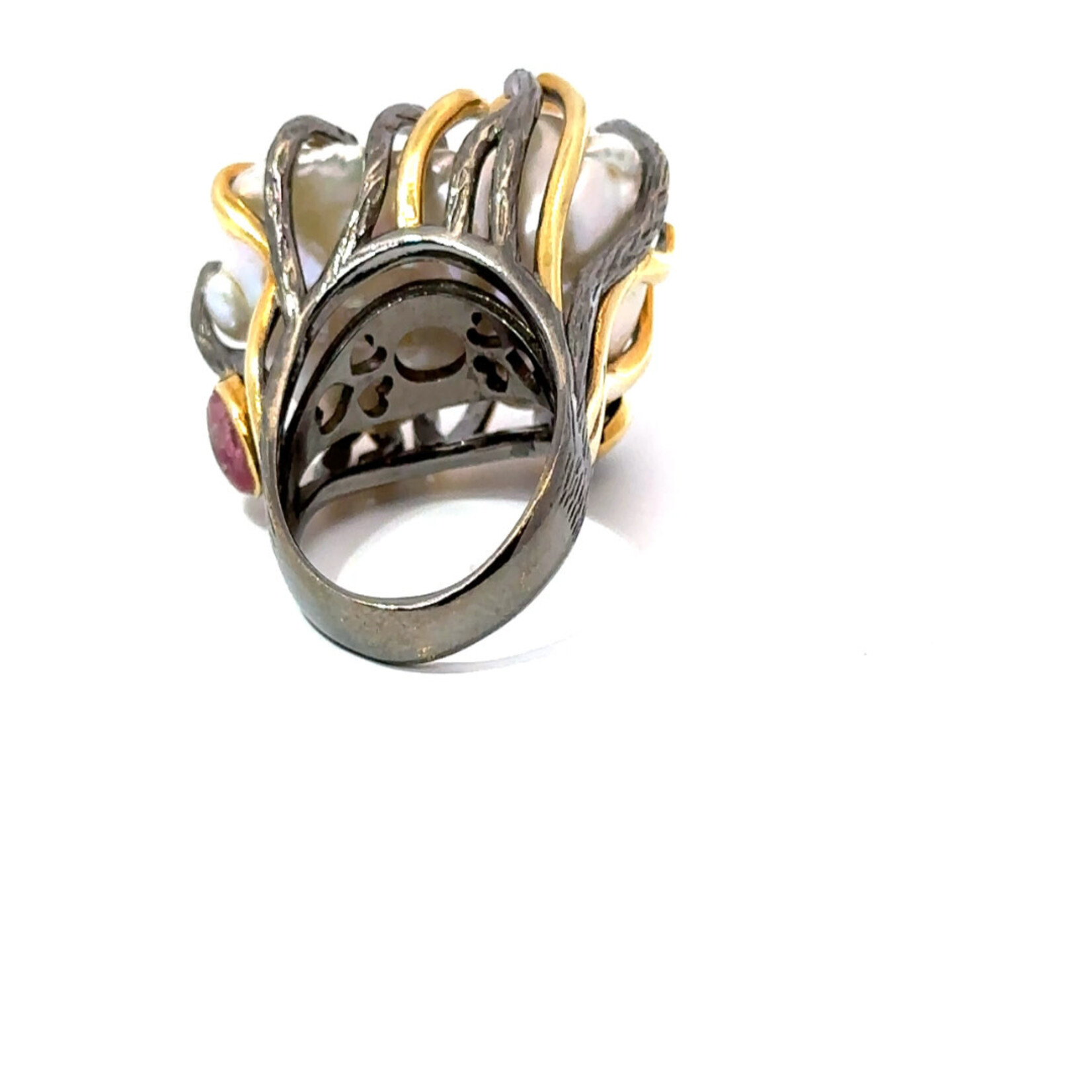 Mina Danielle Two Tone Silver and Gold Baroque Pearl Ring with Gemstones