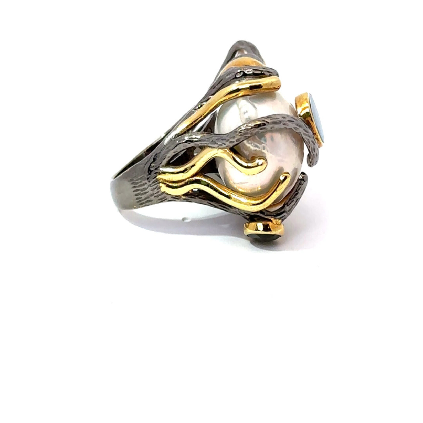Mina Danielle Two Tone Silver and Gold Baroque Pearl Ring with Gemstones