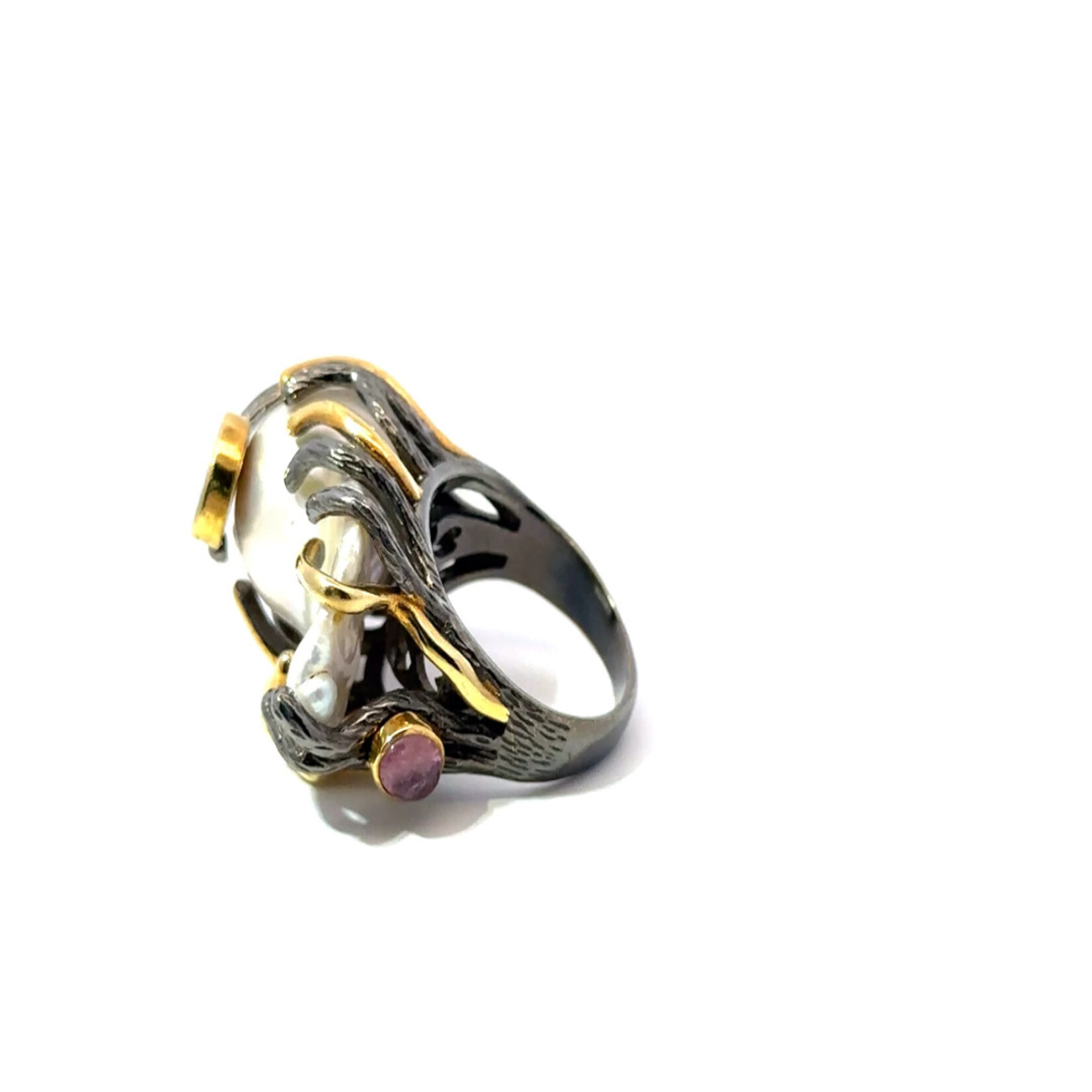 Mina Danielle Two Tone Silver and Gold Baroque Pearl Ring with Gemstones