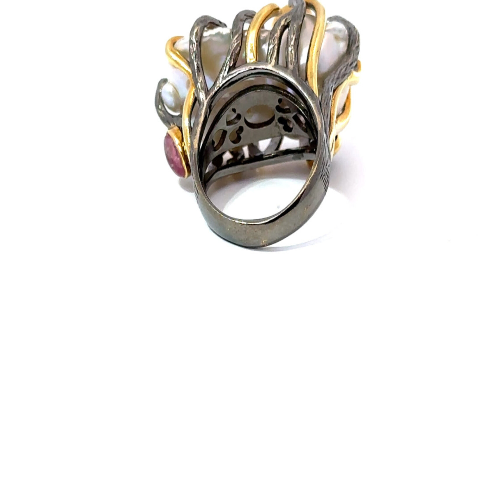 Mina Danielle Two Tone Silver and Gold Baroque Pearl Ring with Gemstones