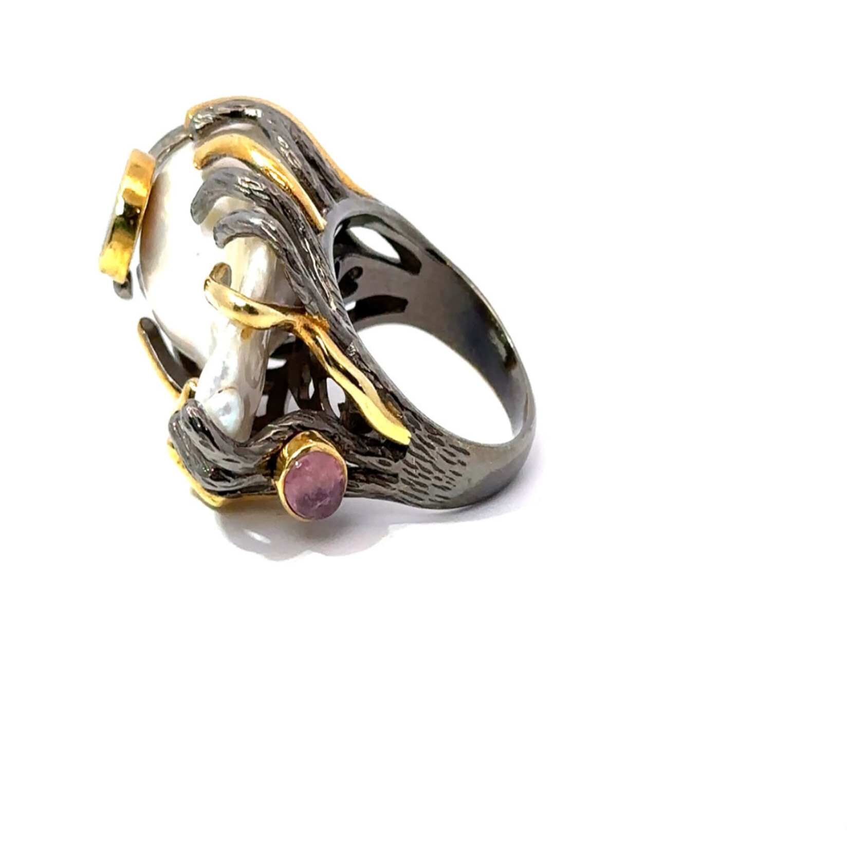 Mina Danielle Two Tone Silver and Gold Baroque Pearl Ring with Gemstones