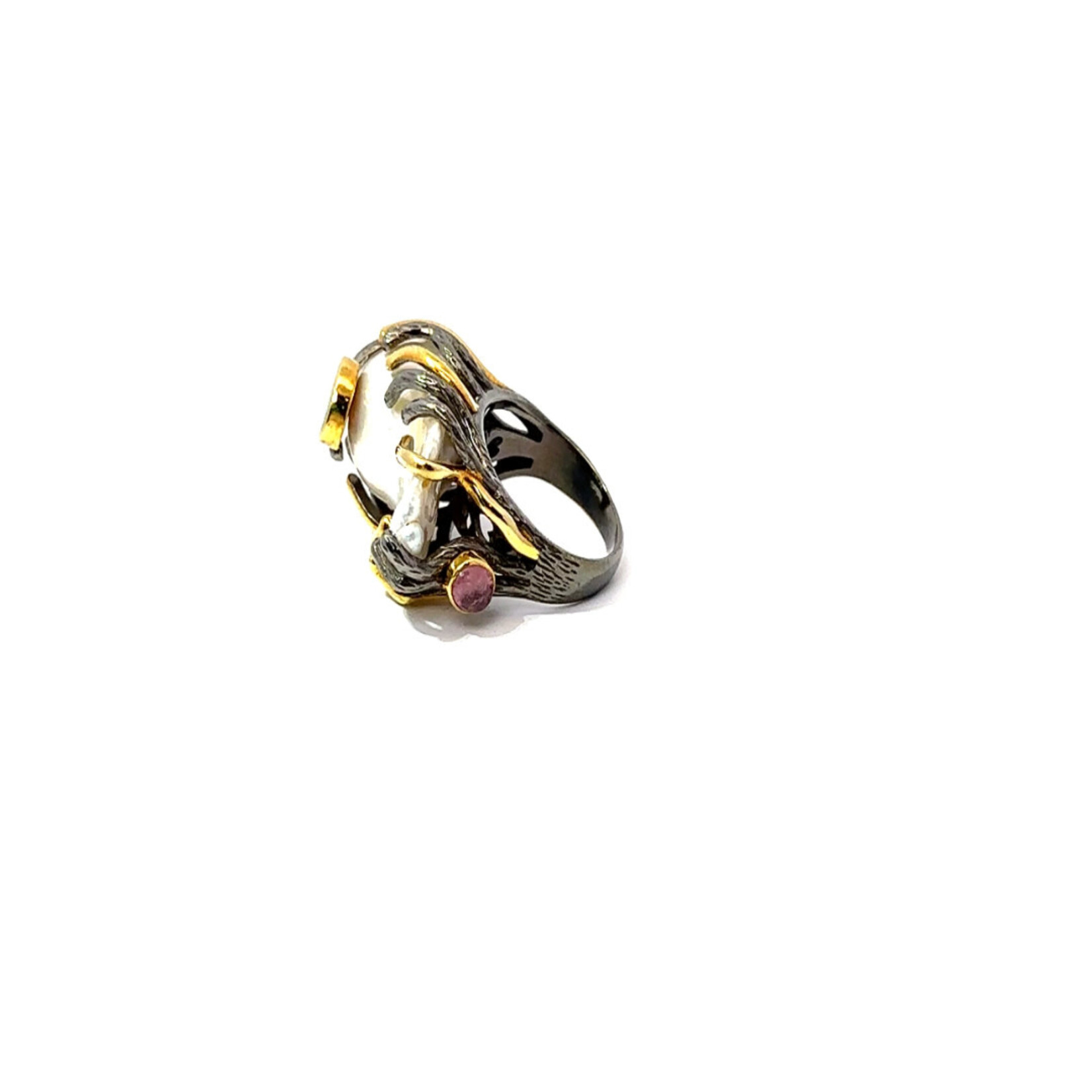 Mina Danielle Two Tone Silver and Gold Baroque Pearl Ring with Gemstones