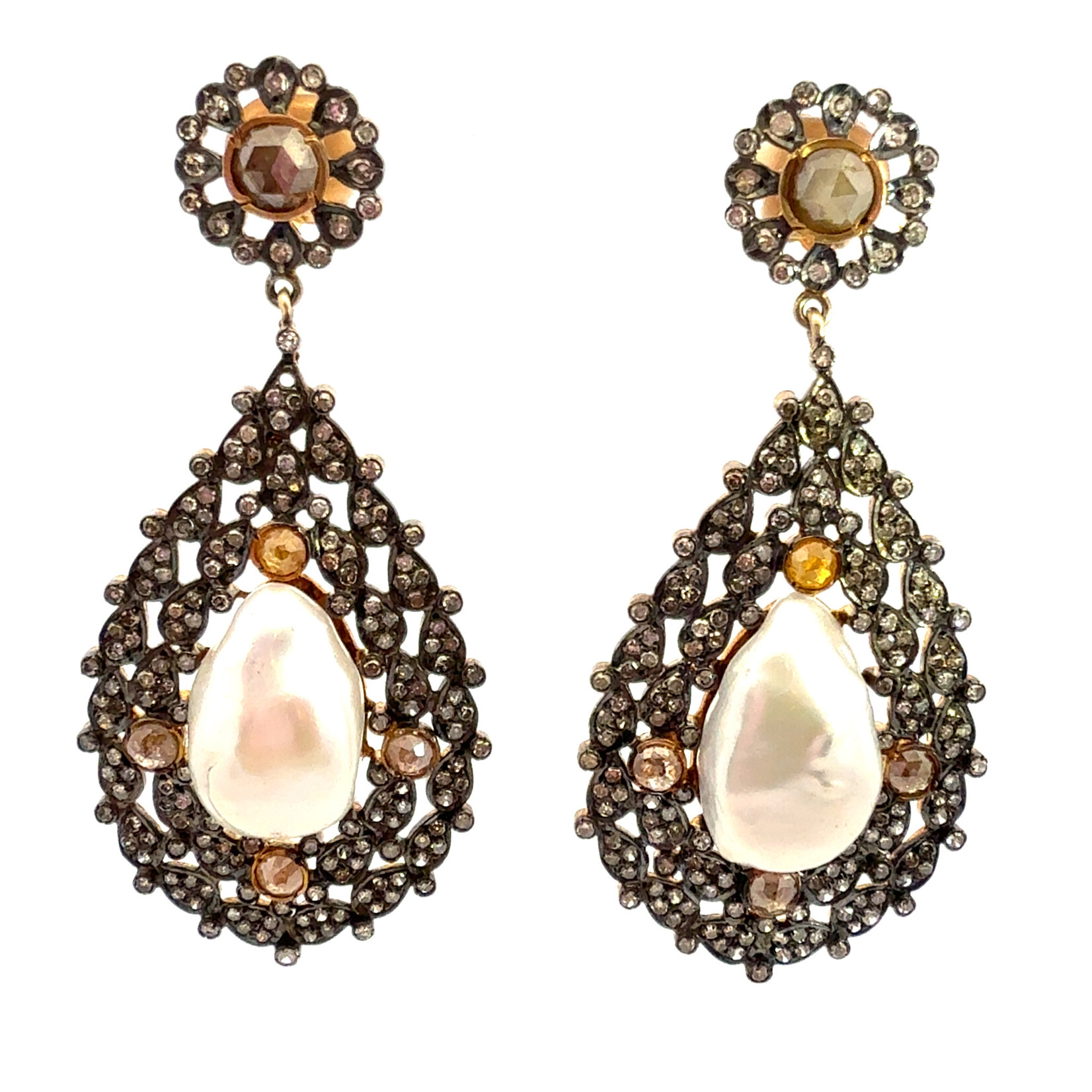 Baroque Pearl and Diamond Drop Earrings