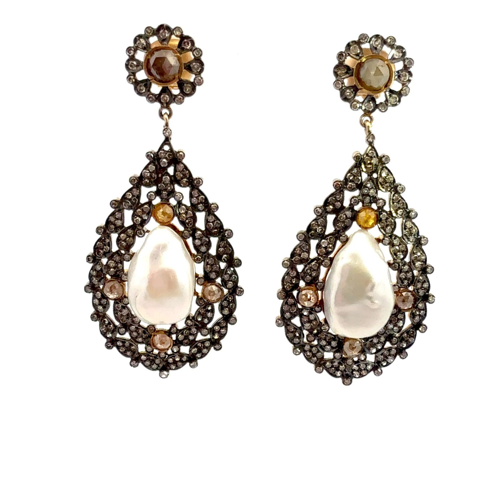 Baroque Pearl and Diamond Drop Earrings