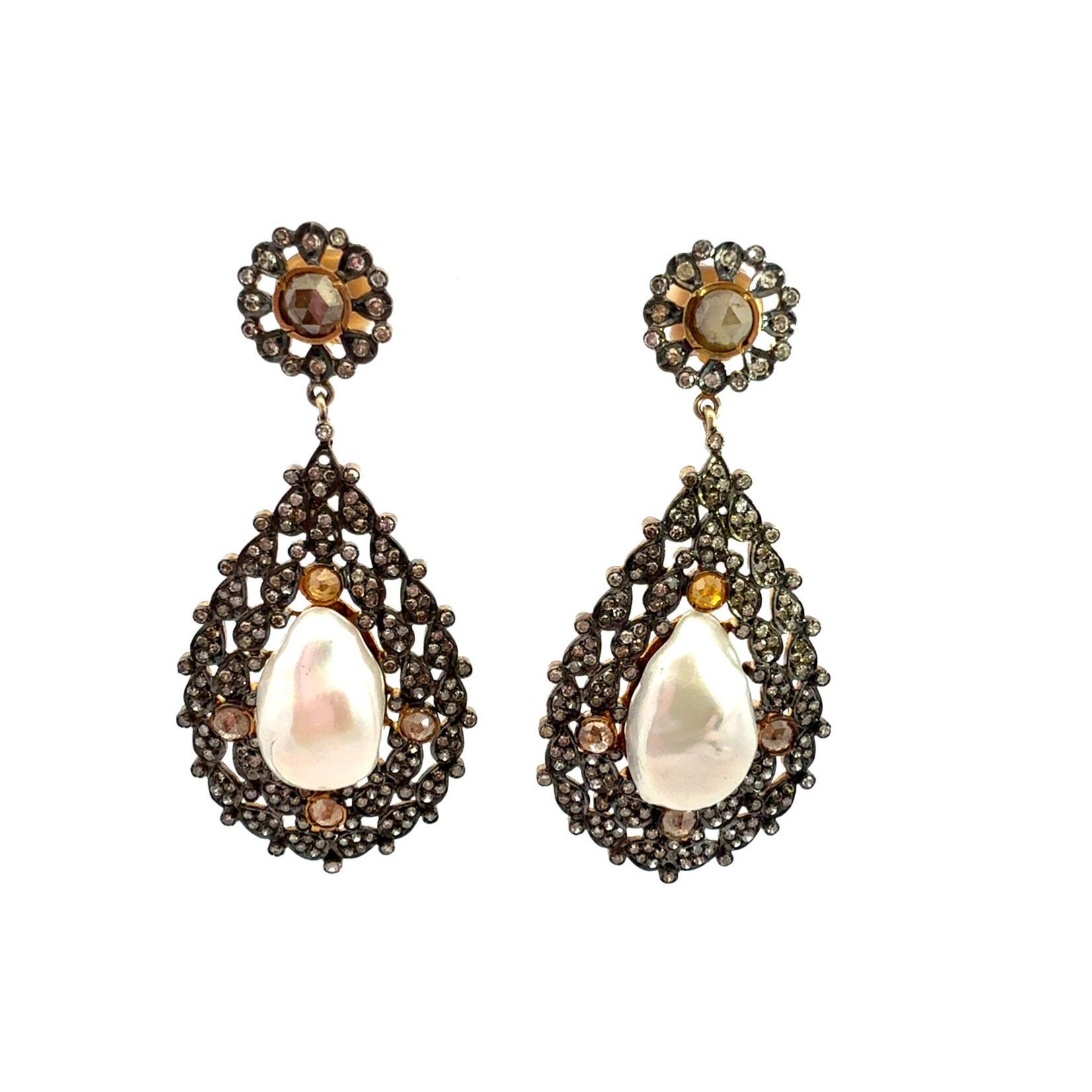Baroque Pearl and Diamond Drop Earrings