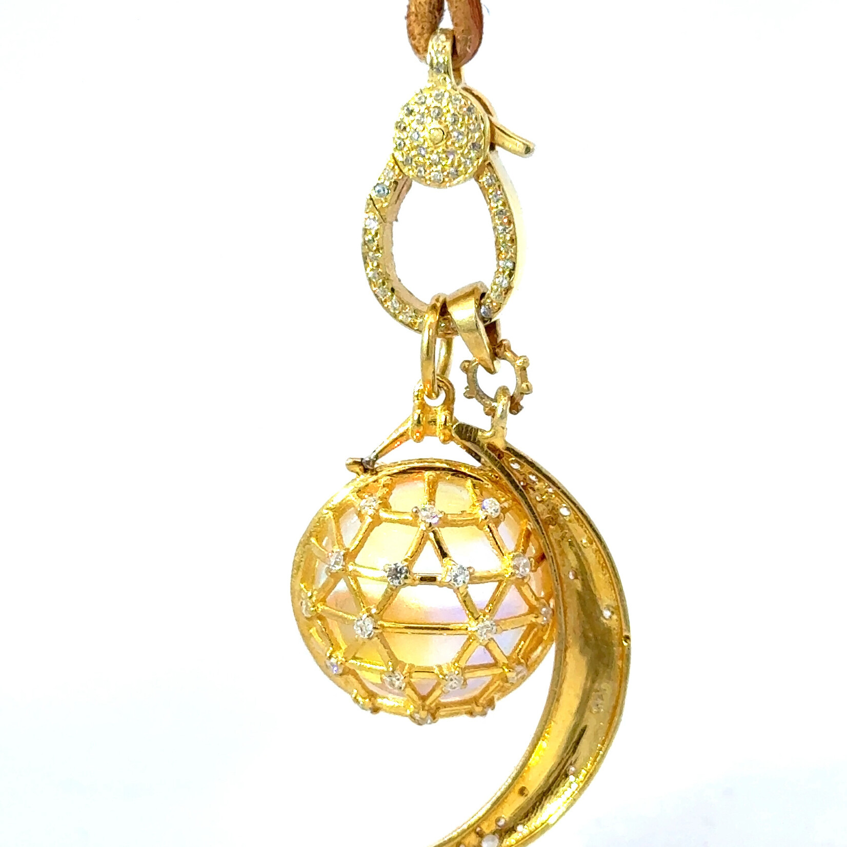 Mystic Orb with Gold Crescent Moon and Diamonds on Leather Cord