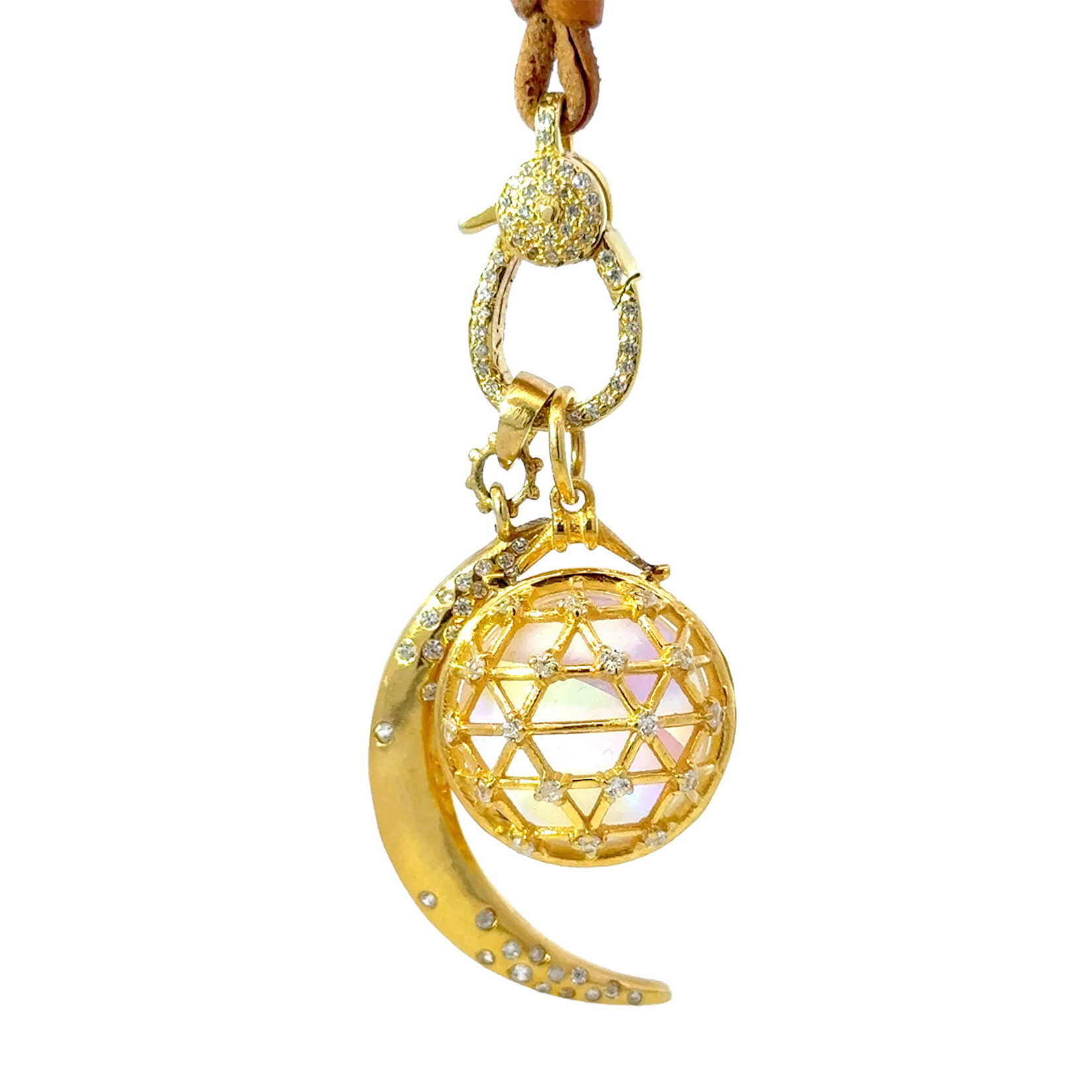 Mystic Orb with Gold Crescent Moon and Diamonds on Leather Cord