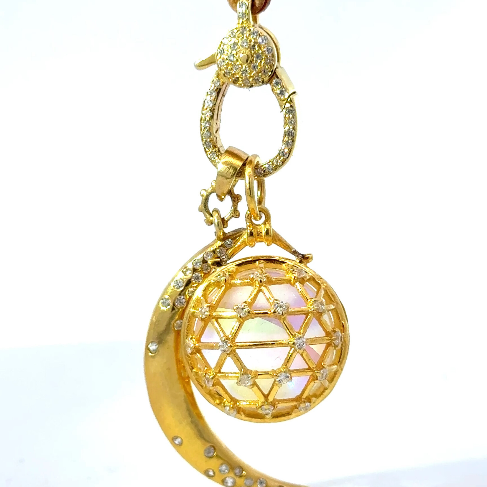 Mystic Orb with Gold Crescent Moon and Diamonds on Leather Cord