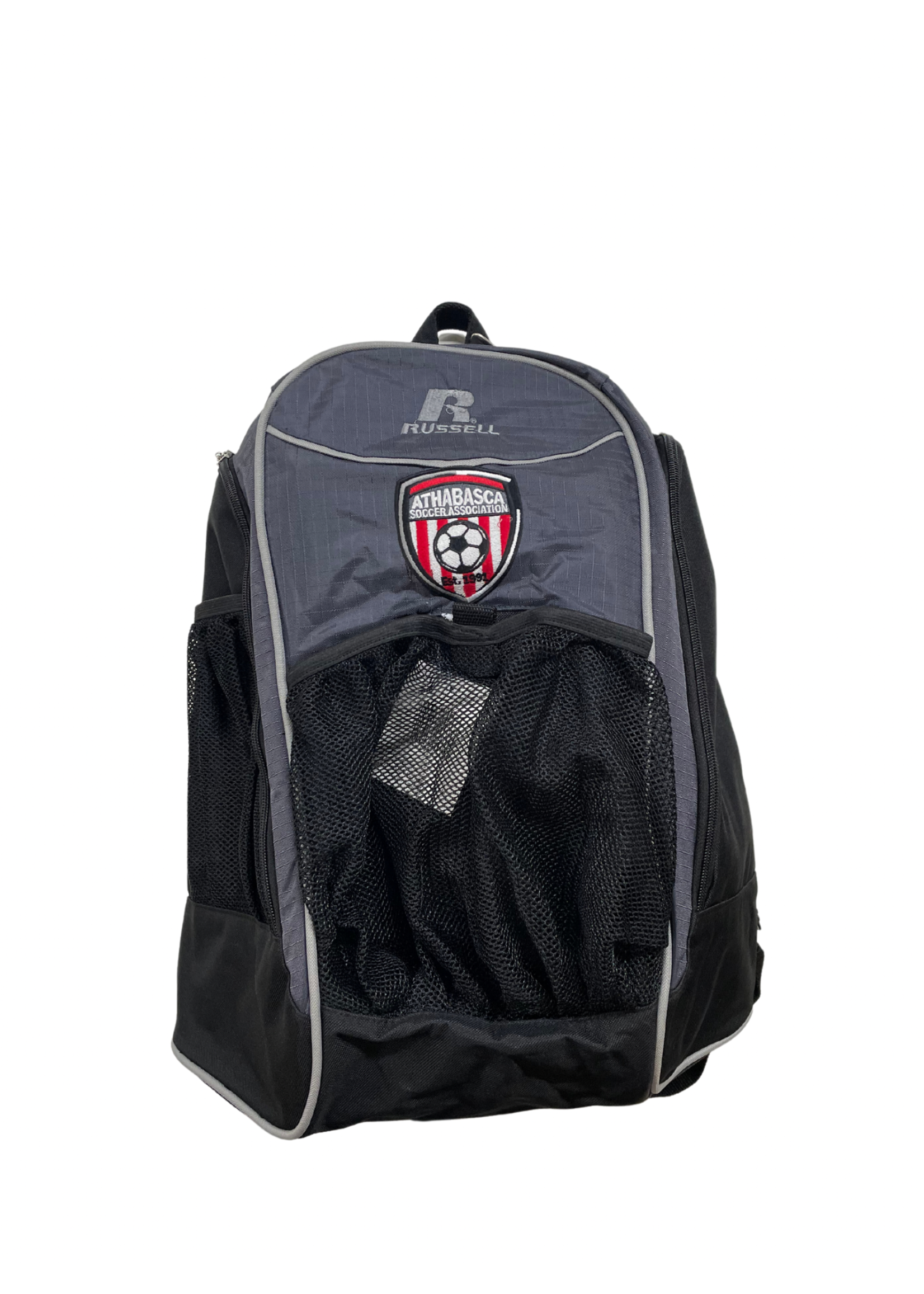 RUSSELL ATHABASCA SOCCER RUSSELL BACKPACK LOGO RED GREY