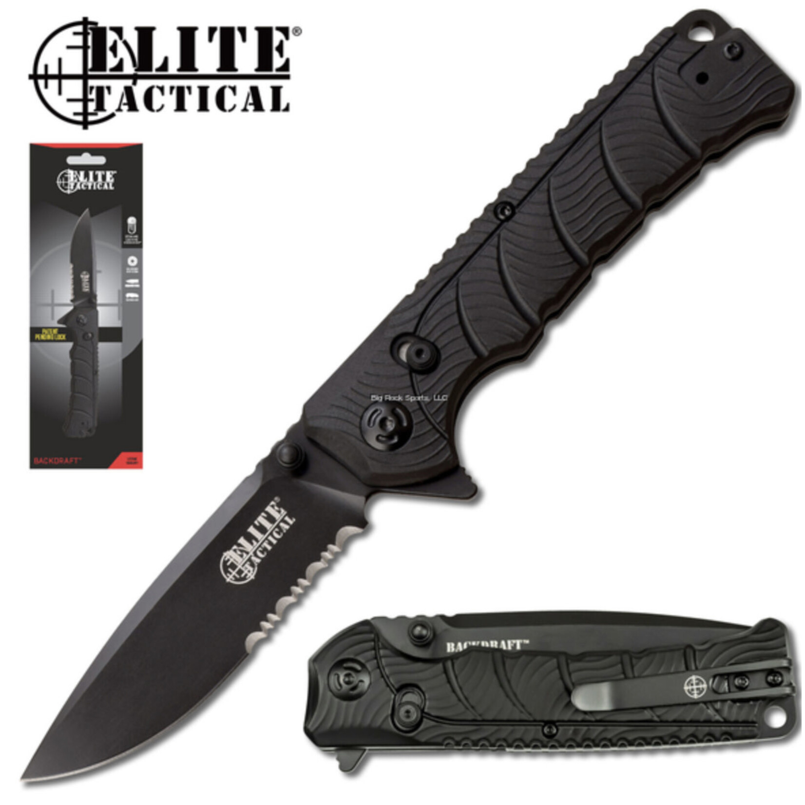 ELITE TACTICAL KNIFE BACKDRAFT FOLDING SERRATED BLADE 3.6"  GRIP HANDLE LOCK BALL BEARING PIVOT