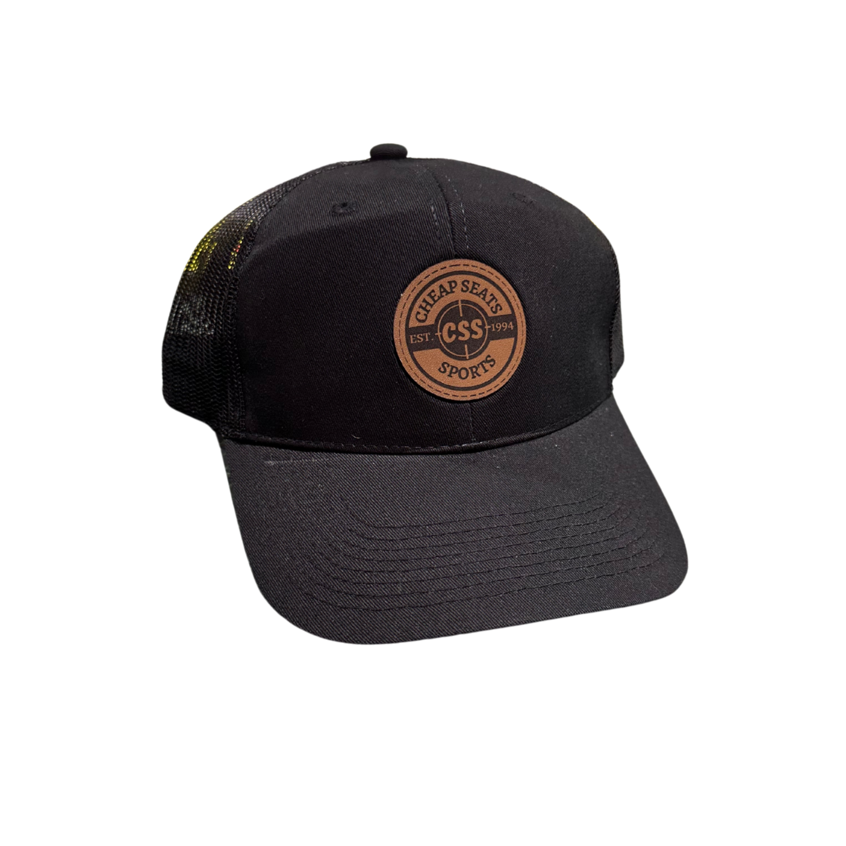 AJM CHEAP SEATS LEATHER PATCH TRUCKER CAP- BLACK