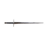 USED STRAIGHT DOUBLE EDGED LONG SWORD 35" SPRING STEEL BLADE LEATHER COVERED SCABBARD WITH STEEL ENDS HARD CASE