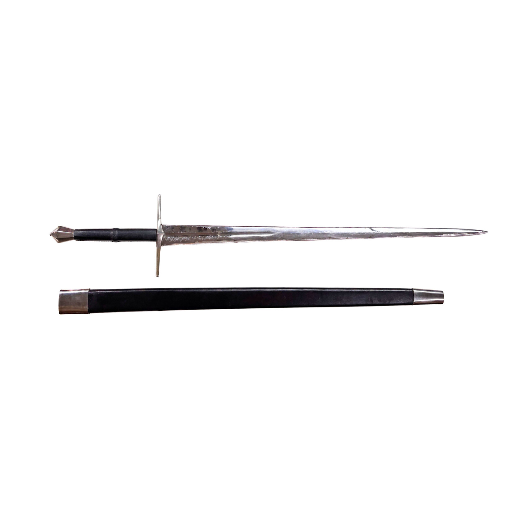 USED STRAIGHT DOUBLE EDGED LONG SWORD 35" SPRING STEEL BLADE LEATHER COVERED SCABBARD WITH STEEL ENDS HARD CASE