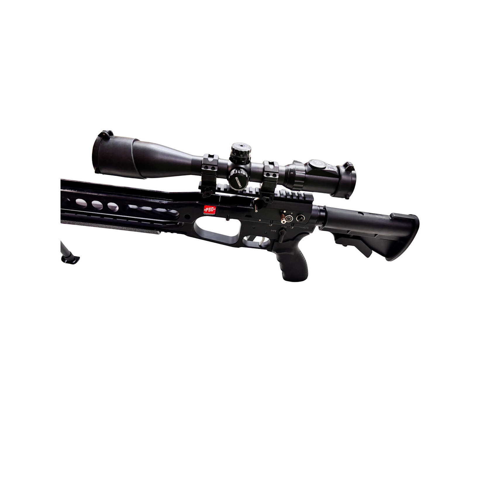 USED PSE TAC 15 CROSSBOW W/ MOUNTED 3-12 SCOPE BIPOD EXTRA CABLES NEW STRING SOFT CASE 6 BOLTS 7 FIELD POINTS