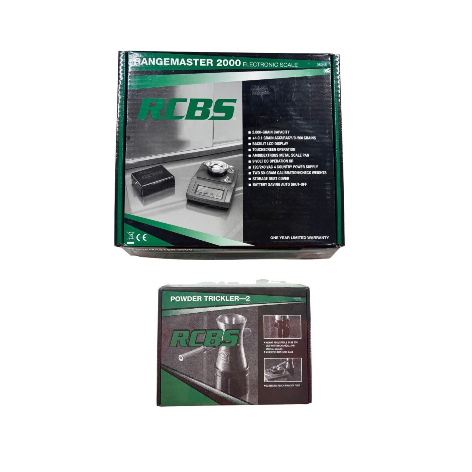 RCBS USED RCBS POWDER TRICKLER #09089 AND RCBS RANGEMASTER 2000 ELECTRONIC SCALE #98945 (NEW IN BOX)